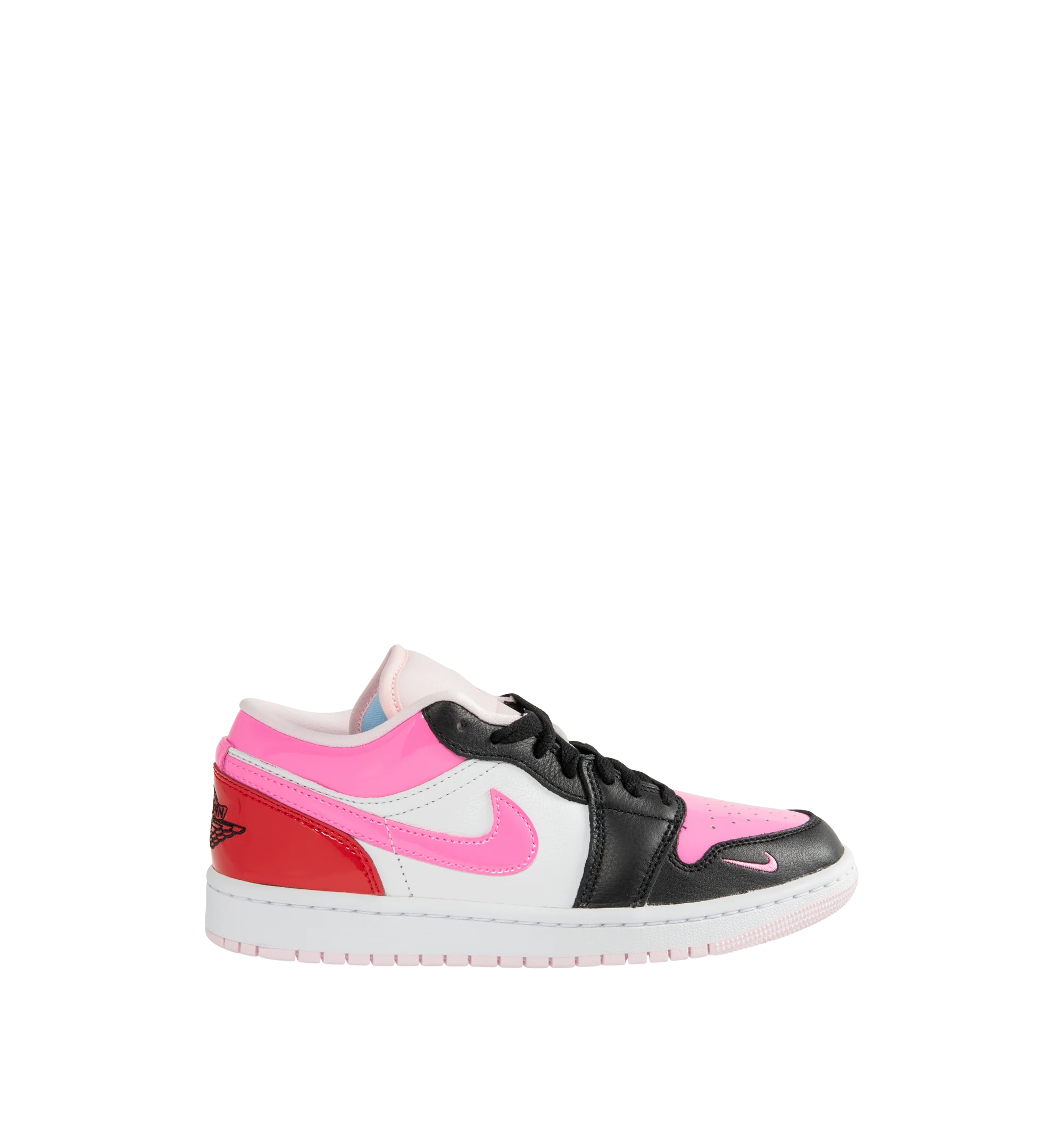 Image 1 of 5 - PINK - Air Jordan 1 Low SE Sneakers are crafted from leather and feature glossy patent accents with a playful mismatched color-block design that gives each shoe a unique look. Designed with a low-top silhouette, they are finished with Nike Swoosh branding, an embroidered Mini Swoosh at the lateral toe, Air Jordan Wings embroidery at the heels, perforated toe boxes, and durable rubber outsoles. Main Material: Leather. Sole: Rubber. Color: Multicolor. Made in womens sizing.