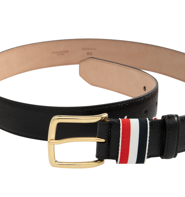 Image 2 of 2 - BLACK - THOM BROWNE Pebble Grain Striped Loop Belt featuring 35MM width, tricolor grosgrain loop and brass hardware. Calfskin pebbled leather.