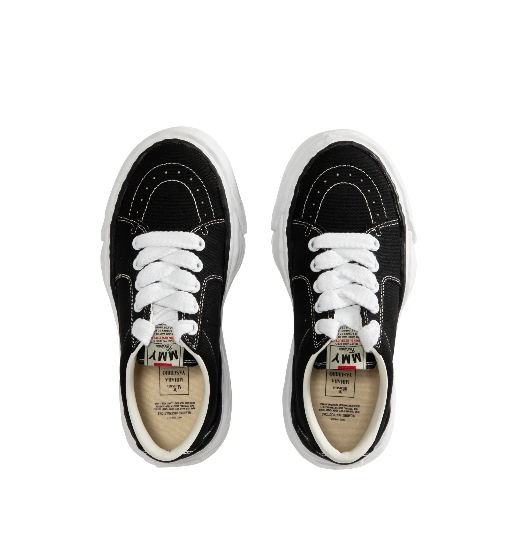 Image 5 of 5 - BLACK - Maison Mihara Yasuhiro Men's Eric Sneakers feature the brand's signature hand-sculpted OG sole, a mixed-material suede and canvas upper, and distinctive toe stitching for a bold contemporary look. Designed for the Spring/Summer 2026 collection, these designer low-top sneakers combine Maison Mihara Yasuhiro's experimental aesthetic with everyday comfort, while the handcrafted-inspired sole and intentional vintage detailing create a truly distinctive silhouette. Main Material: Cow Leath