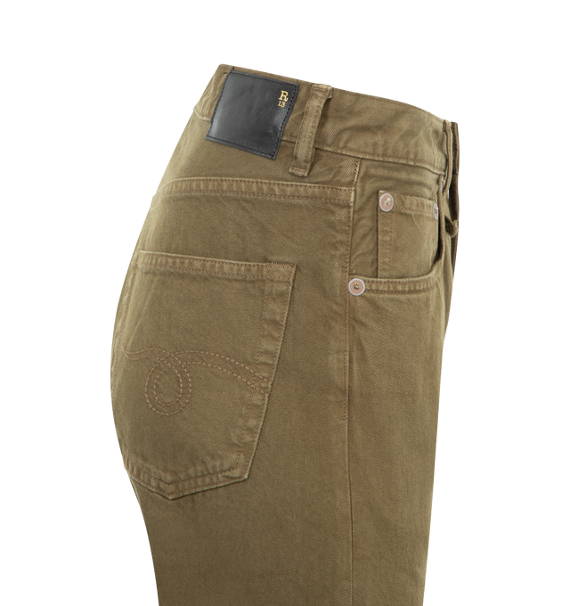 Image 3 of 3 - GREEN - R13 Tailored Drop Jeans featuring loose-fit, belt loops, five-pocket styling, button fly, leather logo patch at back waistband and cropped fit. 100% cotton. Made in Italy.