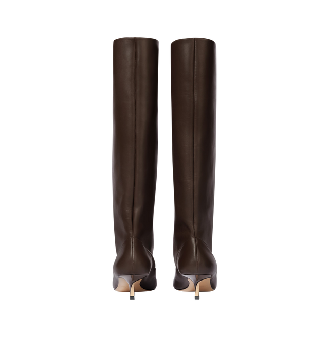 Image 4 of 4 - BROWN - JACQUEMUS High Tourni Boots featuring structured tubular boots in smooth leather, Trompe-oeil smooth leather pump shape, pointed toe, cut below the knee, lambskin leather insole and lining, 4.5cm asymmetric twisted heels with lacquered finish and contrast outsole. 100% calf leather. Outsole: 100% cow leather. Made in France.
