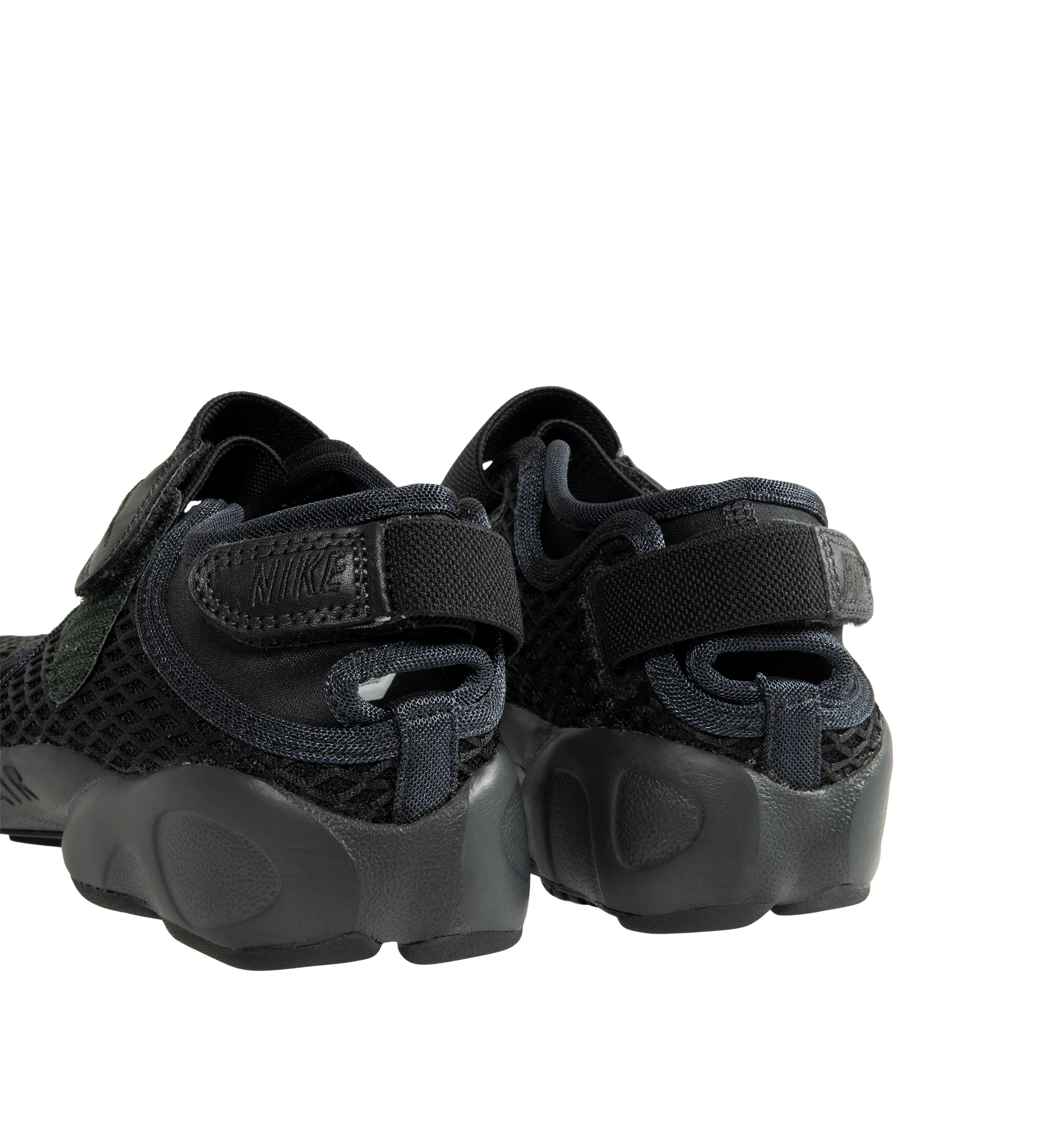 Image 3 of 5 - BLACK - Nike Women's Air Rift Sneaker featuring hook-and-loop straps on the midfoot and heel, Nike Air unit in the heel combined with plush foam, rubber detailing on the outsole, upper features a blend of elastane, polyester and nylon materials for a flexible fit and split toe design. 