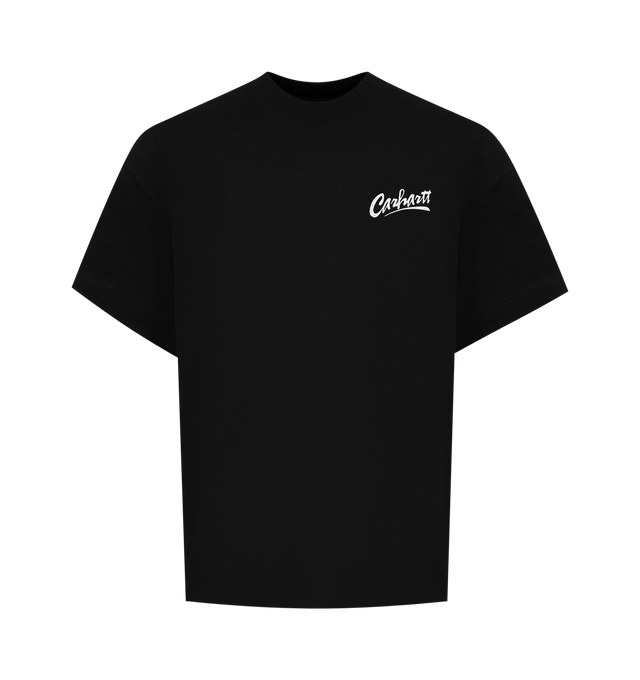 Image 1 of 2 - BLACK - CARHARTT WIP Pup T-Shirt featuring a loose fit from midweight cotton canvas, short sleeves, crew neck and graphic prints appear on the front and back. 100% organic cotton.