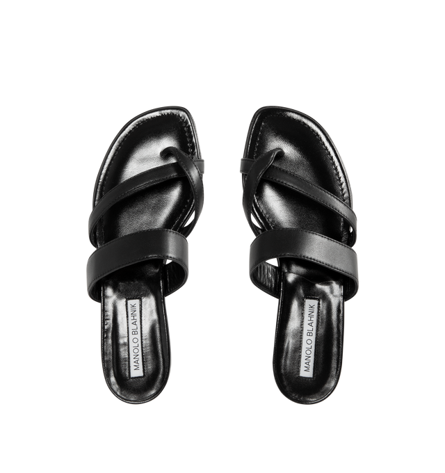 Image 4 of 4 - BLACK - MANOLO BLAHNIK Susa Leather Crossover Flat Sandals featuring nappa leather open toe sandals with crossover straps and flat stacked heel. Upper: 100% lamb nappa. Sole: 100% calf leather. Lining: 100% kid leather. Heel measures 10 mm. Made in Italy. 