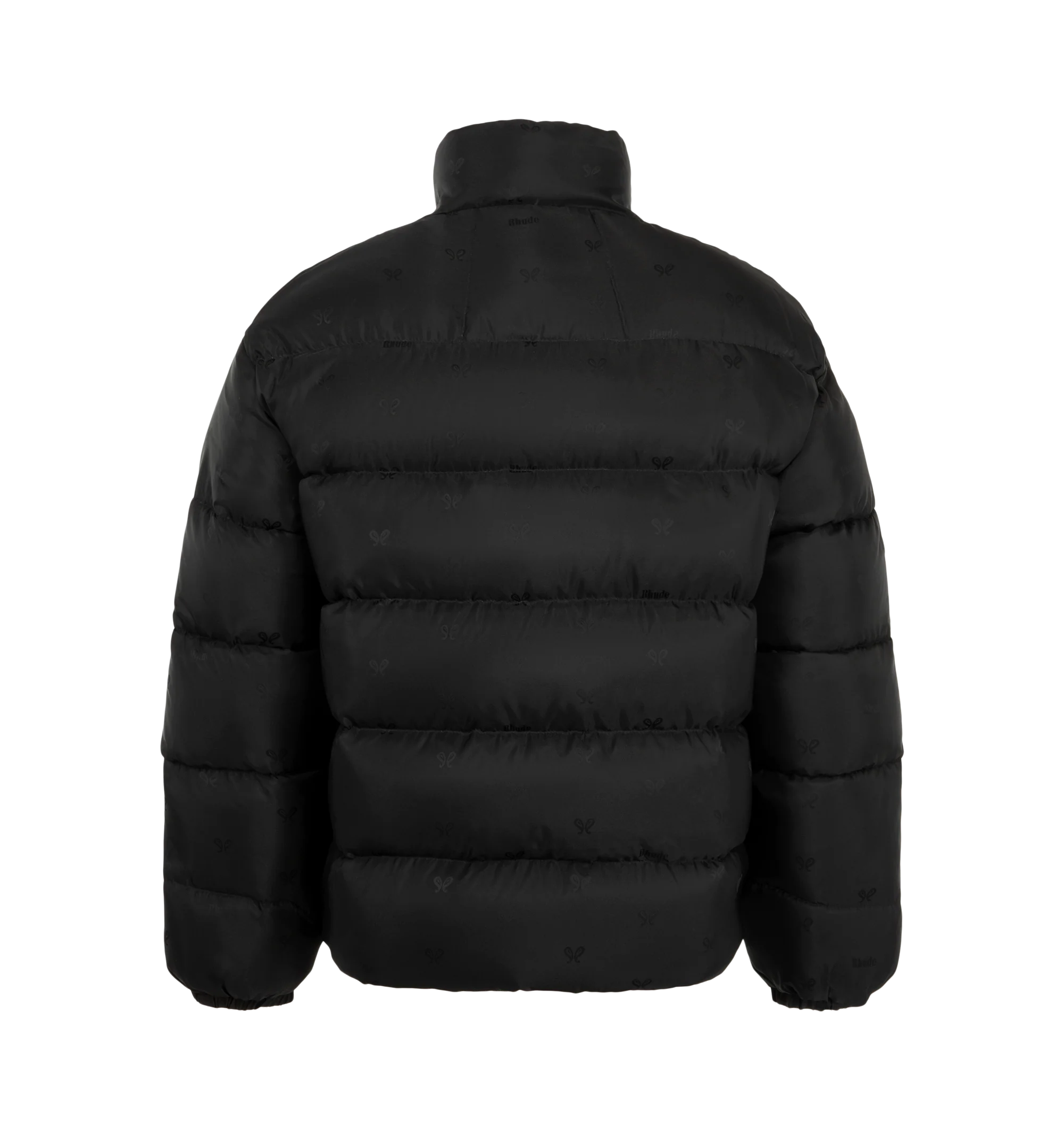 Image 2 of 3 - BLACK - Rhude Men's Paisley Jacquard Down Puffer Jacket is crafted from polyester satin with an allover paisley-inspired jacquard logo pattern and features a down-filled silhouette designed for warmth and volume. Designed with a stand collar, two-way zip closure, welt pockets, elasticized cuffs, interior zip pockets, and a bungee-style drawstring hem for adjustable comfort. Main Material: 100% Polyamide. Fill: 100% Goose Down. Lining: 100% Polyamide.