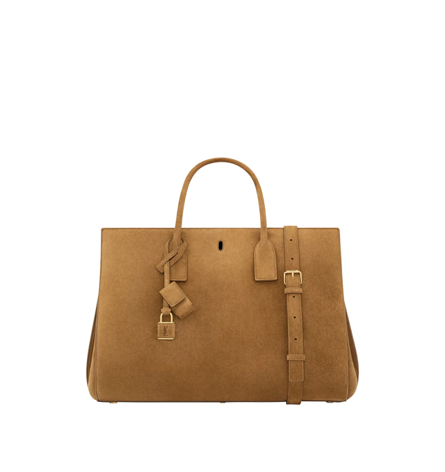 Image 2 of 5 - BROWN - SAINT LAURENT Sac De Jour Large Bag in suede featuring cassandre padlock, an east/west format, lined in leather, top handles, bronze-tone hardware, toggle hook closure, accordion sides, two compartments separated by a removable zip pouch and interchangeable suede strap and canvas strap. 14" x 10.8" x 2.88.3". Calfskin. Made in Italy.
