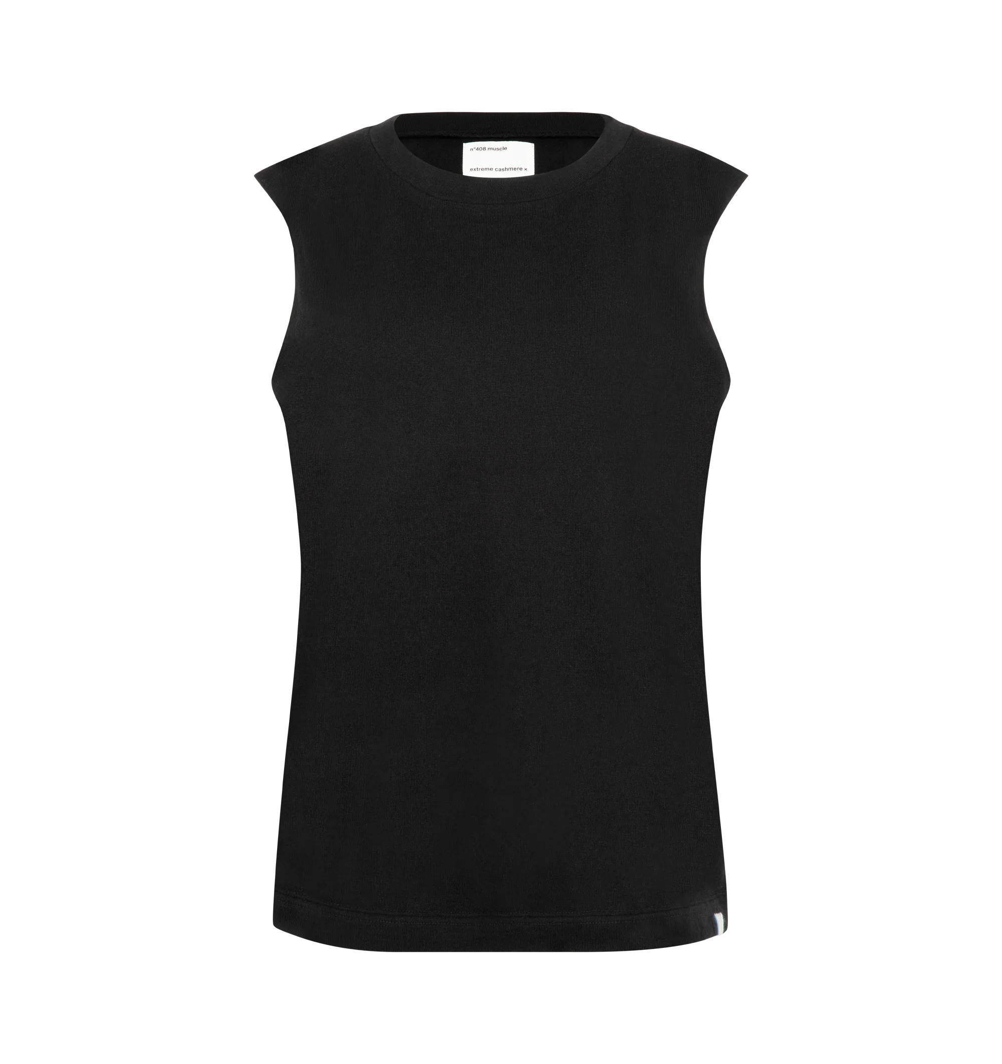Image 1 of 2 - BLACK - Extreme Cashmere Women's N408 Muscle Tank Top is crafted from a lightweight cotton and cashmere blend and features a classic straight fit, crew neckline, sleeveless silhouette, and unfinished armhole edges for a modern, minimalist look. This designer knit tank top combines the breathable structure of cotton with the luxurious softness of cashmere, making it an effortless wardrobe essential for year-round layering. Main Material: 70% Cotton, 30% Cashmere.