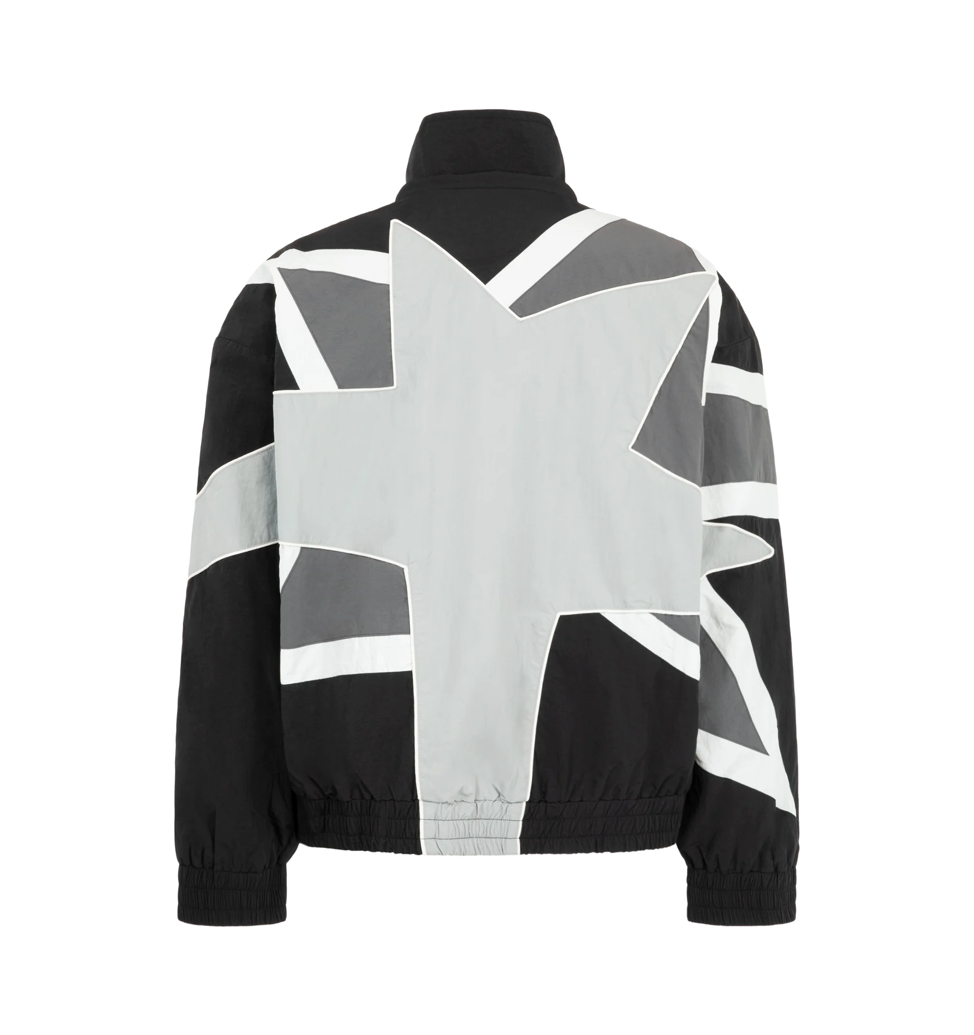 Image 2 of 3 - BLACK - Nahmias Men's MVP Warm Up Bomber Jacket is crafted from durable nylon and designed in Los Angeles, combining elevated sportswear aesthetics with modern functionality. Featuring the signature MVP star graphic wrapping around the back and sleeves, this bomber is finished with a front zipper closure for a streamlined, versatile look. Material: 100% Nylon