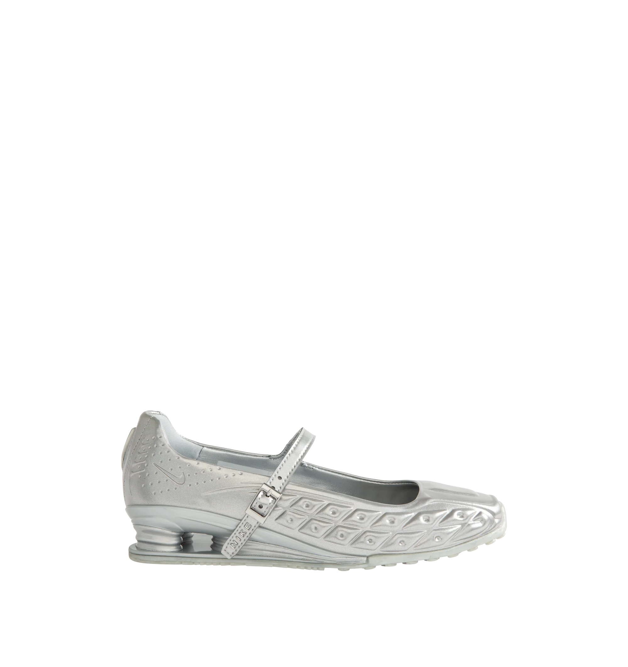 Image 1 of 5 - SILVER - Nike Womens Shox Z Calistra Shoe is a ballet-inspired flat on top of sleek sneaker-inspired heel cushioning. Designed with an adjustable midfoot strap, Nike Shox Z cushioning pillars, signature Nike and Shox branding, and durable rubber outsole. Upper: Synthetic Leather; Cushioning: Nike Shox Z; Outsole: Rubber. Imported