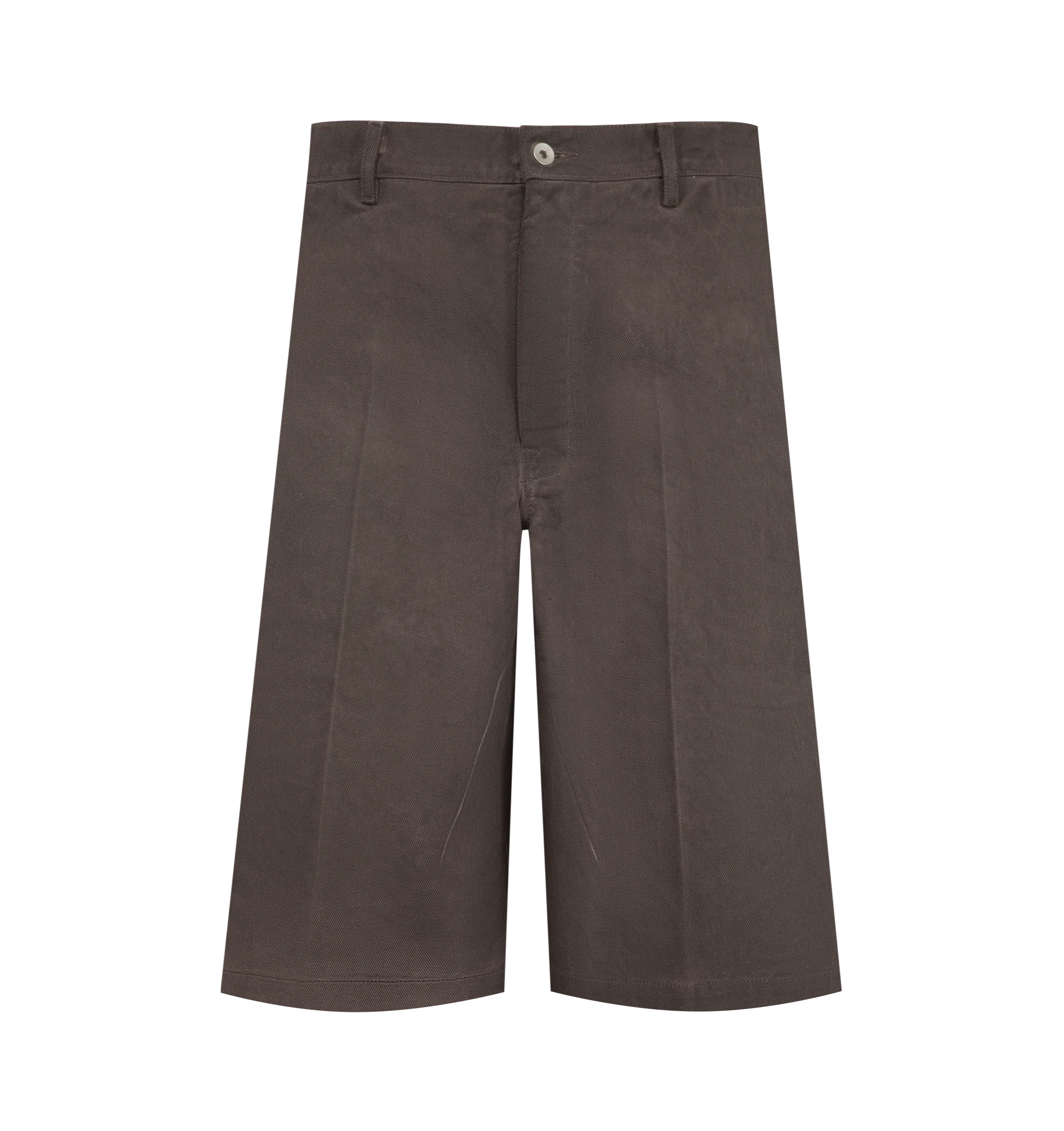 Image 1 of 3 - BROWN - Rick Owens Men's DRKSHDW Wool Work Shorts. These distinctive shorts feature a wide-leg, relaxed silhouette that falls around or below the knee, designed with a clean front button closure, integrated belt loops, and structured front creases. Materials: Inner Layer: 100% Cupro. Outer Layer: 100% Wool.