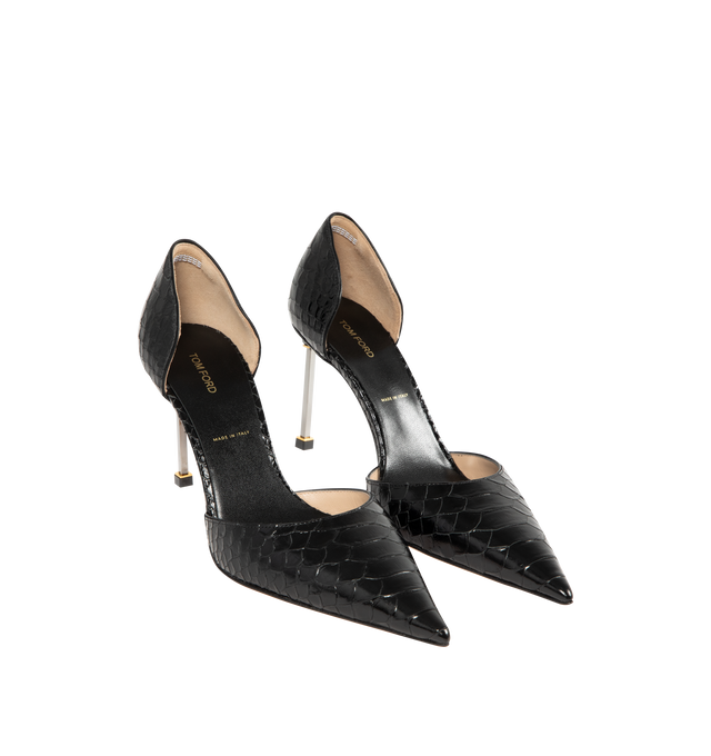 Image 2 of 4 - BLACK - TOM FORD Semi Shiny Printed Python Spire DOrsay Pump featuring a pointed toe, square metal stiletto heel and contrasting galvanic accents. 85mm. 100% calfskin. Lining: nude leather. Made in Italy.
