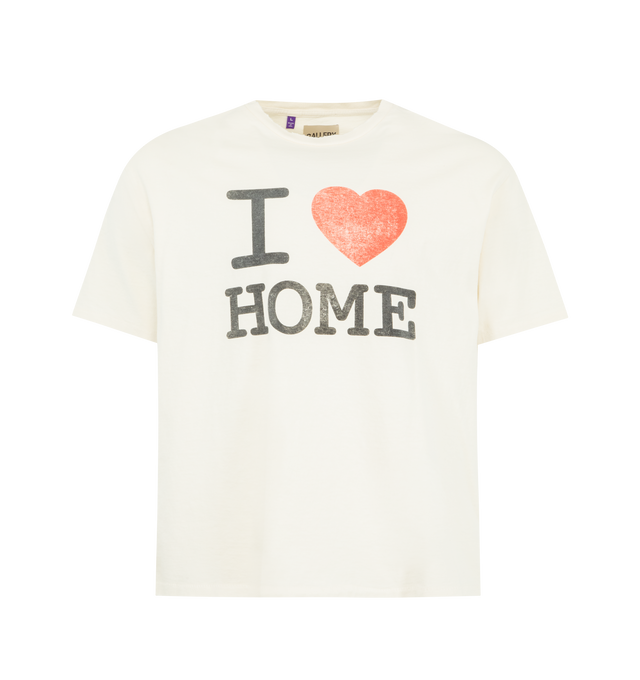 Image 1 of 2 - WHITE - GALLERY DEPT. I Love Home Tee featuring short sleeves, relaxed fit, faded 'I Love Home' graphic print on front and GD ENGLISH logotype rendered in gold glitter on the back. 100% cotton. Made in USA.
