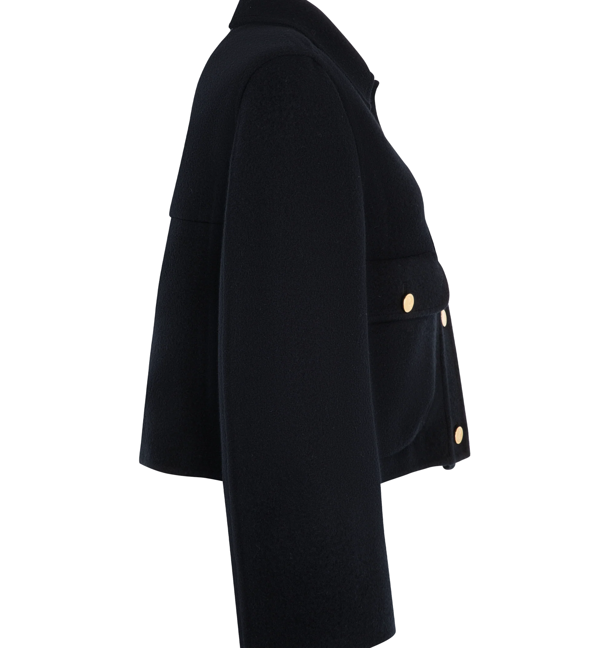 Image 3 of 3 - BLUE - Thom Browne Womens Bell Sleeve Boiled Wool Jacket is crafted from boiled virgin wool and features a sculptural silhouette with bell sleeves, front anchor-detailed button closure, bellows flap hand pockets, a tricolor-lined back yoke, and the signature striped grosgrain loop tab. This designer wool jacket combines architectural tailoring with a modern silhouette for elevated everyday layering. Main Material: 100% Virgin Wool; Lining: 100% Silk. Made in Italy.