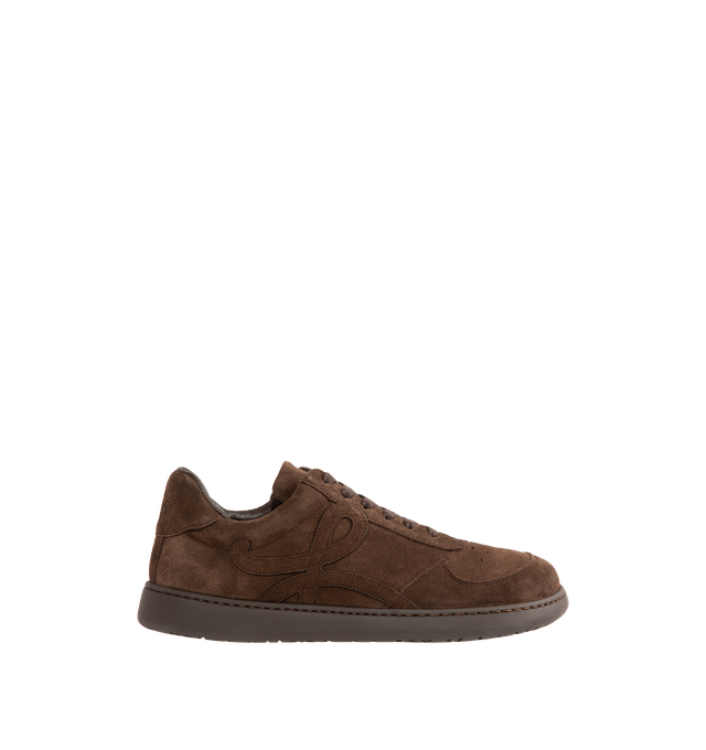 Image 1 of 5 - BROWN - LOEWE Jambo Sneaker in calfskin suede featuring a full monochrome look with an asymmetric toe shape, nappa fussbett, 25mm heel, lace closure, L monogram at the side, embossed LOEWE on the heeltab and anagram-embossed rubber cupsole. Calf suede. Made in Italy.