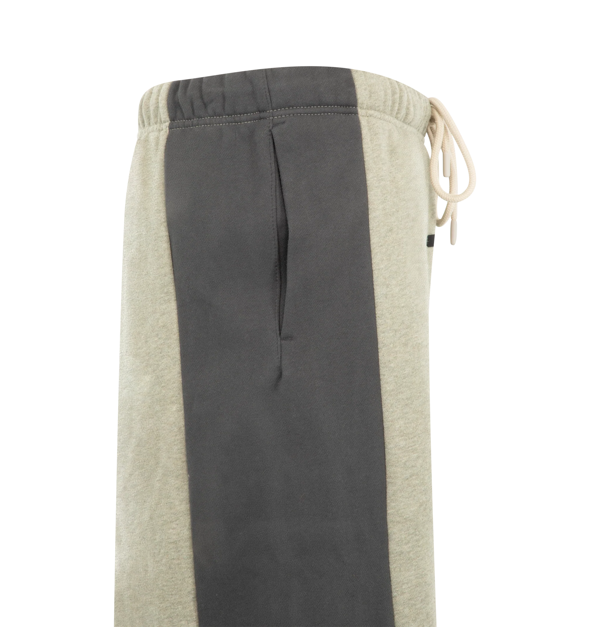 Image 3 of 3 - NEUTRAL - Fear of God Essentials Mens Lounge Pants are crafted from heavyweight 380 GSM cotton-blend core fleece. Feature a wide-leg fit, paneled construction, elasticized waistband with bungee drawcord, side-seam pockets, and an Essentials logo label. Main Material: 80% Cotton, 20% Polyester. 