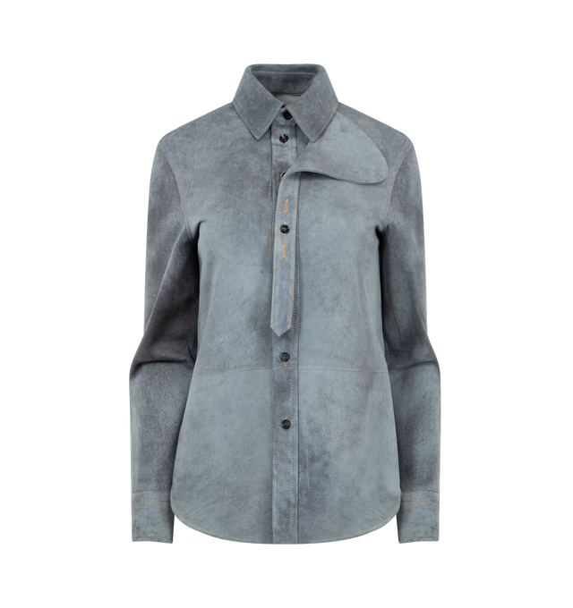 Image 1 of 3 - GREY - BOTTEGA VENETA Cloudy Suede Shirt featuring detachable suede throat latch, button closure, unlined and regular fit. Lambskin. Made in Italy.