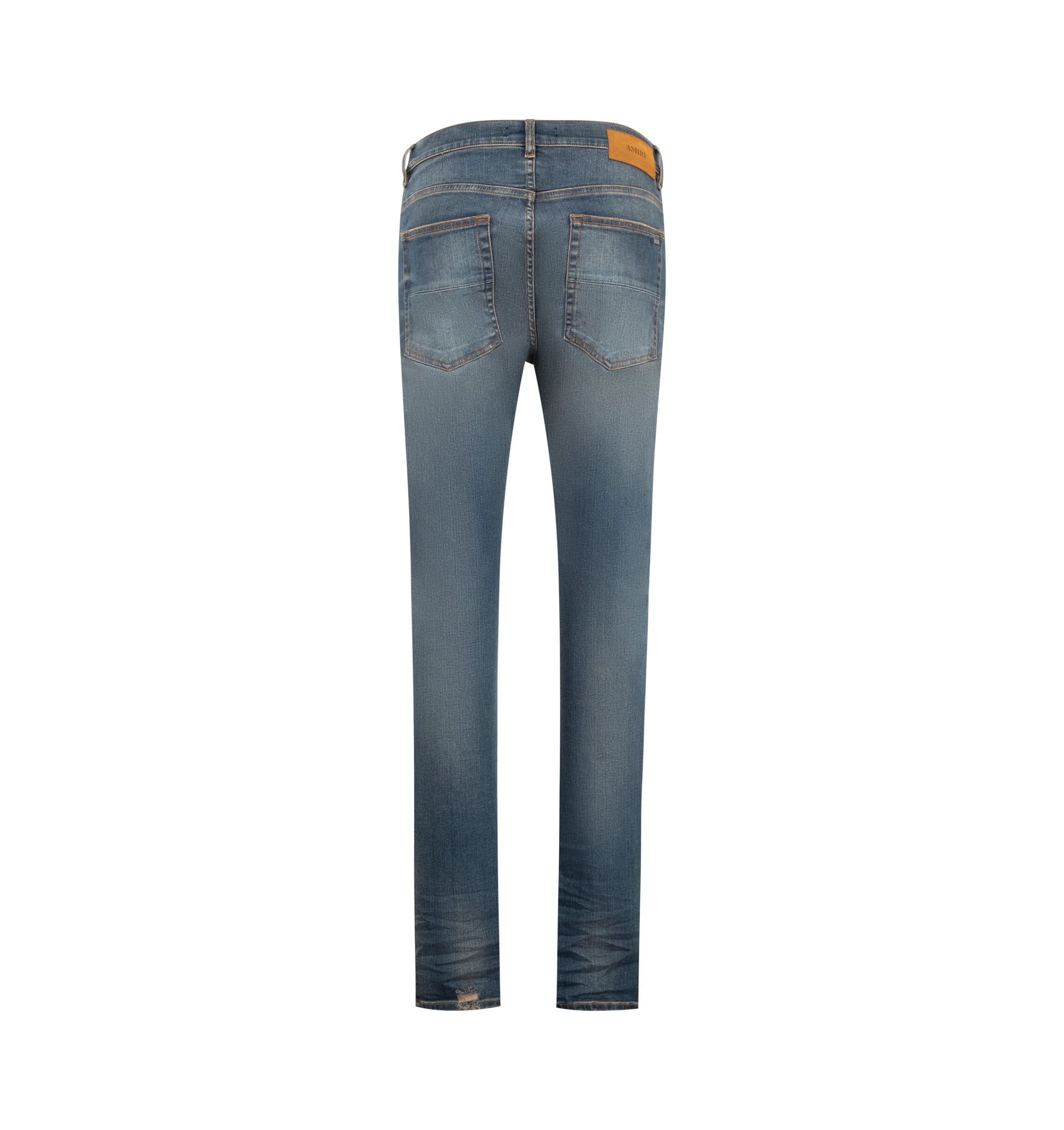 Image 2 of 3 - BLUE - Amiri Men's MX1 Jeans from the Autumn-Winter 2026 collection are crafted from stretch cotton denim and feature the house's iconic hand-distressed construction, repaired with python-embossed leather for a signature textured finish. Designed with classic five-pocket detailing, these designer jeans undergo a specialized treatment that creates intentional variations in shading and color, giving each pair a distinctive character. Main Material: 92% Cotton, 6% Elastomultiester, 2% Elastane.