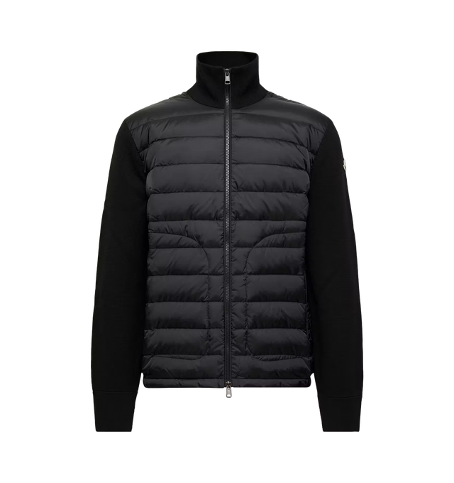 Image 1 of 1 - BLACK - MONCLER Padded Zip-Up Cardigan featuring a wool blend, down-filled nylon lger front, gauge 12, zipper closure, zipped pockets and logo patch. 100% polyamide/nylon. Padding: 90% down, 10% feather.
