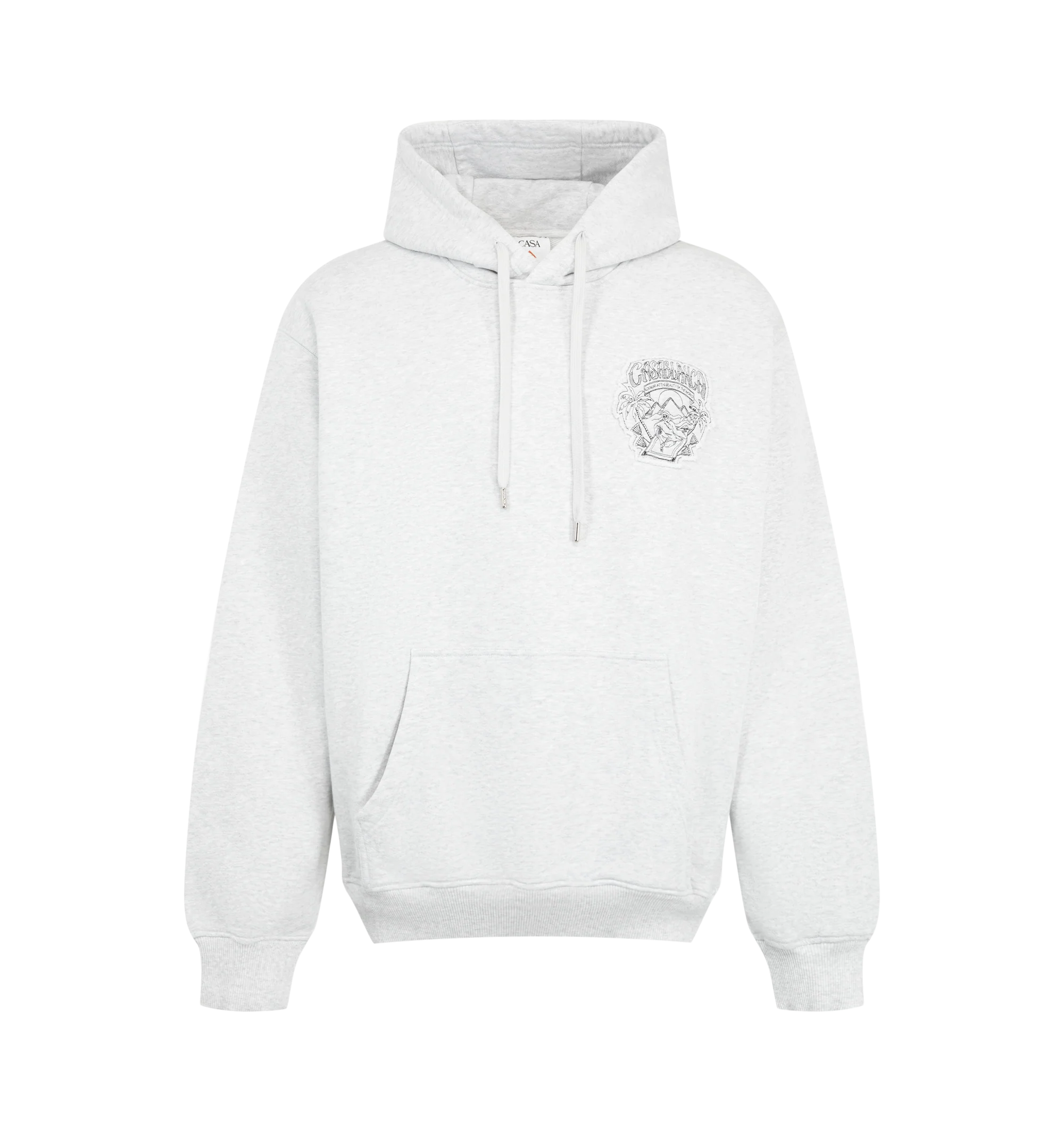 Image 1 of 2 - GREY - Casablanca Men's Graphic Applique Classic Hoodie is crafted from cotton and features a graphic applique design that showcases the house's distinctive visual language. Designed in a classic hoodie silhouette, it is finished with an adjustable drawstring hood, long sleeves, ribbed cuffs and hem, and a kangaroo pocket. Main Material: Cotton.