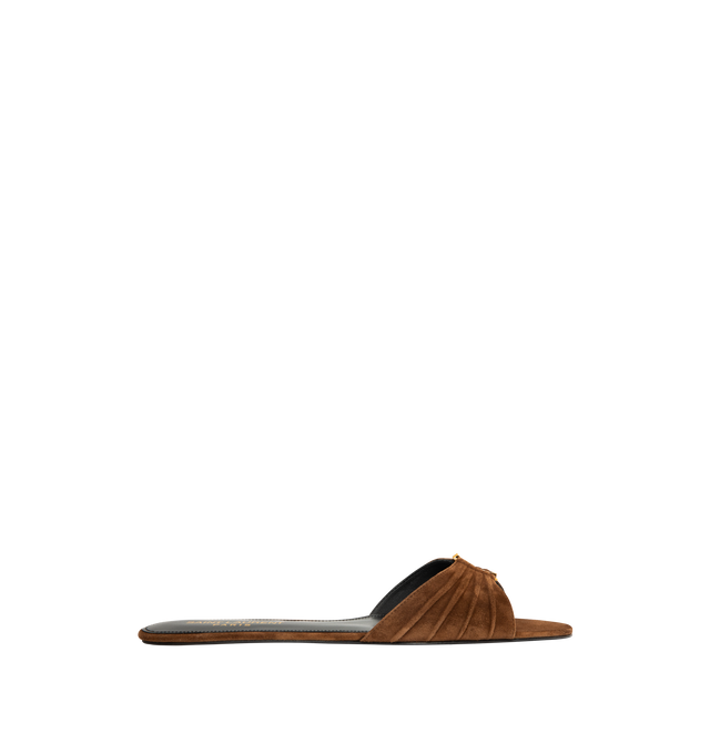 Image 1 of 4 - BROWN - SAINT LAURENT Babylone Slides in suede featuring flat slide sandals, an almond peep toe, gathered upper decorated with the cassandre and leather sole. Calfskin. Made in Italy.