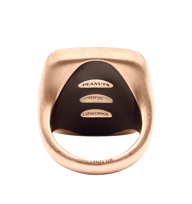 Image 4 of 4 - GOLD - LIZWORKS X PEANUTS Jazz Snoopy Rose Gold Square Face Ring featuring18k rose gold ring with 3 white diamonds, 2 brown and chocolate brown enamel. 22 mm x 23 mm. Cheap Luxury Handbag Shop offers a range of initial pieces from this collection in-store. For personal consultation and detailed information about jewelry, please contact our dedicated stylist team at personalshopping@hirshleifers.com. This item may be restricted for online purchase to international clients. For assistance purchasing this it 
