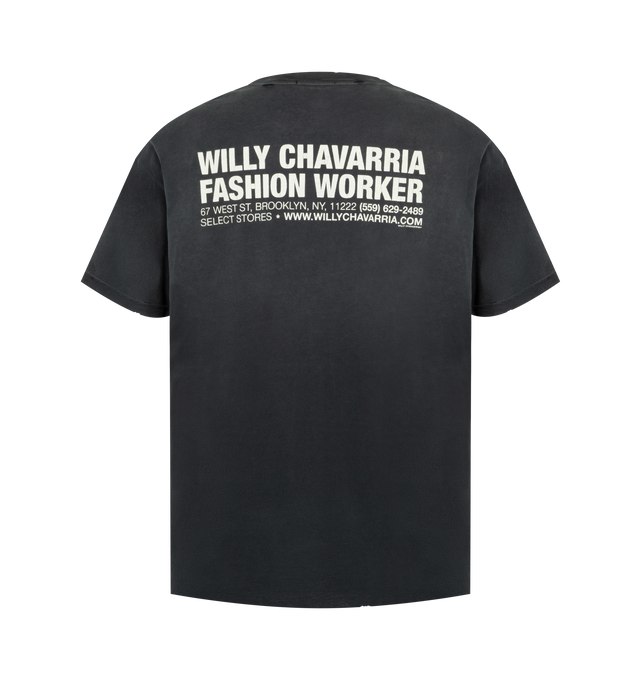 Image 2 of 2 - BLACK - WILLY CHAVARRIA Fashion Worker Easy Tee featuring round neck, washed out graphic print on the front and back, patch pocket on the chest and relaxed fit. 100% cotton.