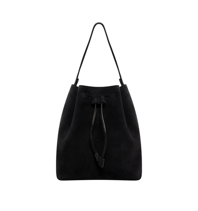 Image 1 of 4 - BLACK - THE ROW Backpack 9 in suede featuring a toggle fastening top, smooth leather trim, gold hardware, 2 adjustable, rivet fastening straps, 1 top handle, logo embossed purse feet at underside, single interior compartment with 1 slit pocket, key ring inside and suede lining. 10.5 W x 10.5 H. 100% calfskin leather. Made in Italy.