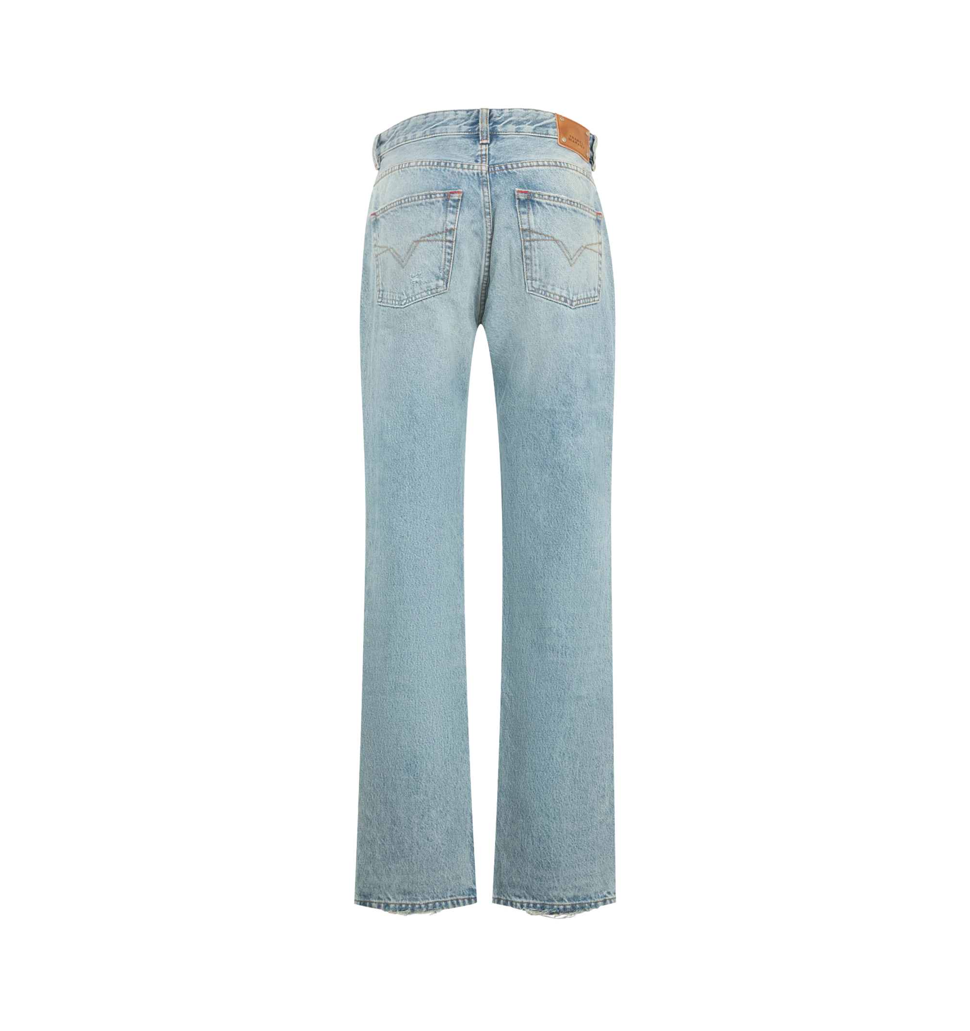 Image 2 of 3 - BLUE - Isabel Marant Women's Dayali Reg Jeans are crafted from vintage-blue cotton denim and feature a low-rise waist with a long-leg boyfriend fit. Silver-tone star studs embellish the back, coin pocket, and legs, while red contrast stitching, a signature red rivet, a studded leather jacron, and frayed hems complete the design. Finished with front scoop pockets and back patch pockets. Main Material: 100% Cotton.