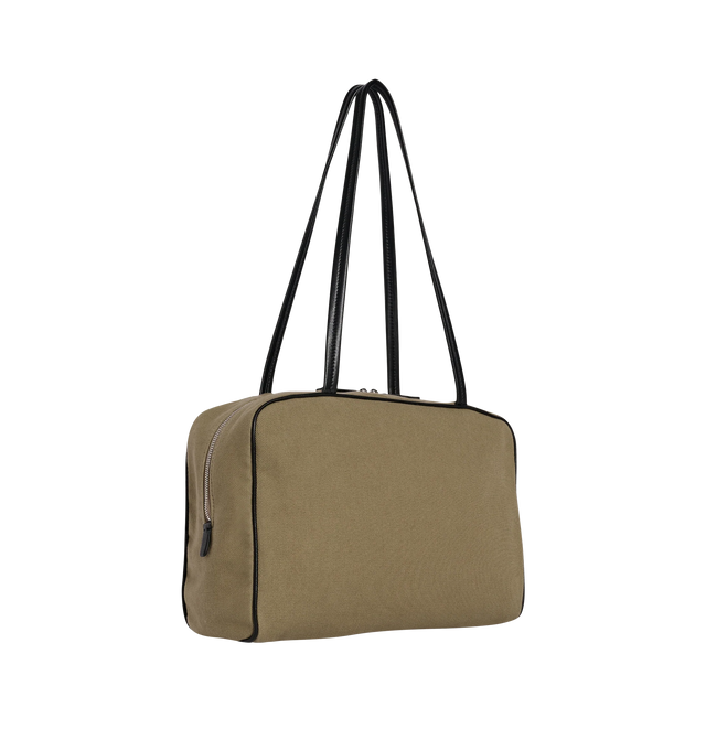 Image 2 of 3 - GREEN - THE ROW Astra Bowling Canvas Bag featuring rectangular bowling bag in structured cotton canvas with elongated flat leather handles, leather piping, and dual zipper closure. 12 x 7 x 4 in. 90% cotton, 10% lambskin leather. Lined in 100% cotton. Made in Italy.