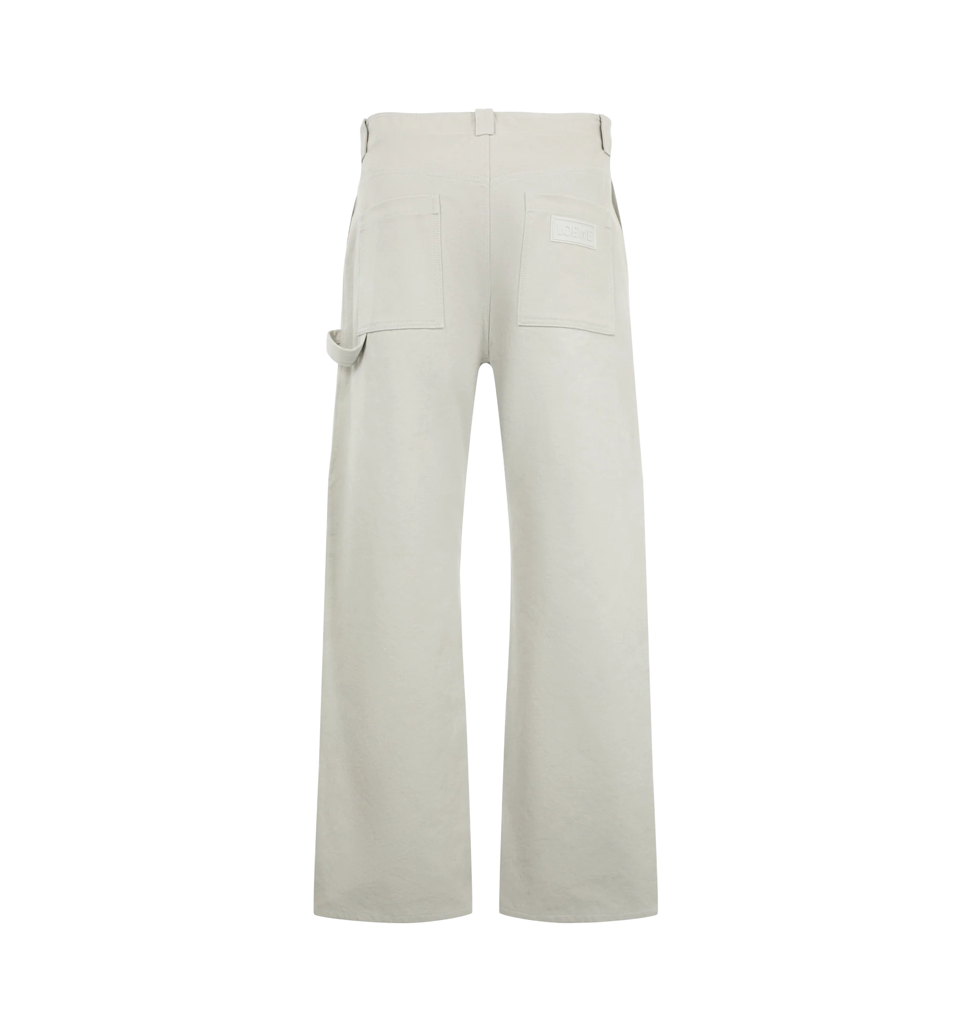 Image 2 of 3 - GREY - Loewe Men's Cargo Trousers are crafted from medium-weight grey cotton canvas and feature a regular fit with a mid-rise waist, straight leg, and regular length. Wire-trimmed flap pockets, slash pockets, rear patch pockets, a hammer loop, and a concealed zip fly define the utility-inspired design, while a Loewe rubber patch accents the rear pocket. Main Material: Cotton. Made in Italy. 