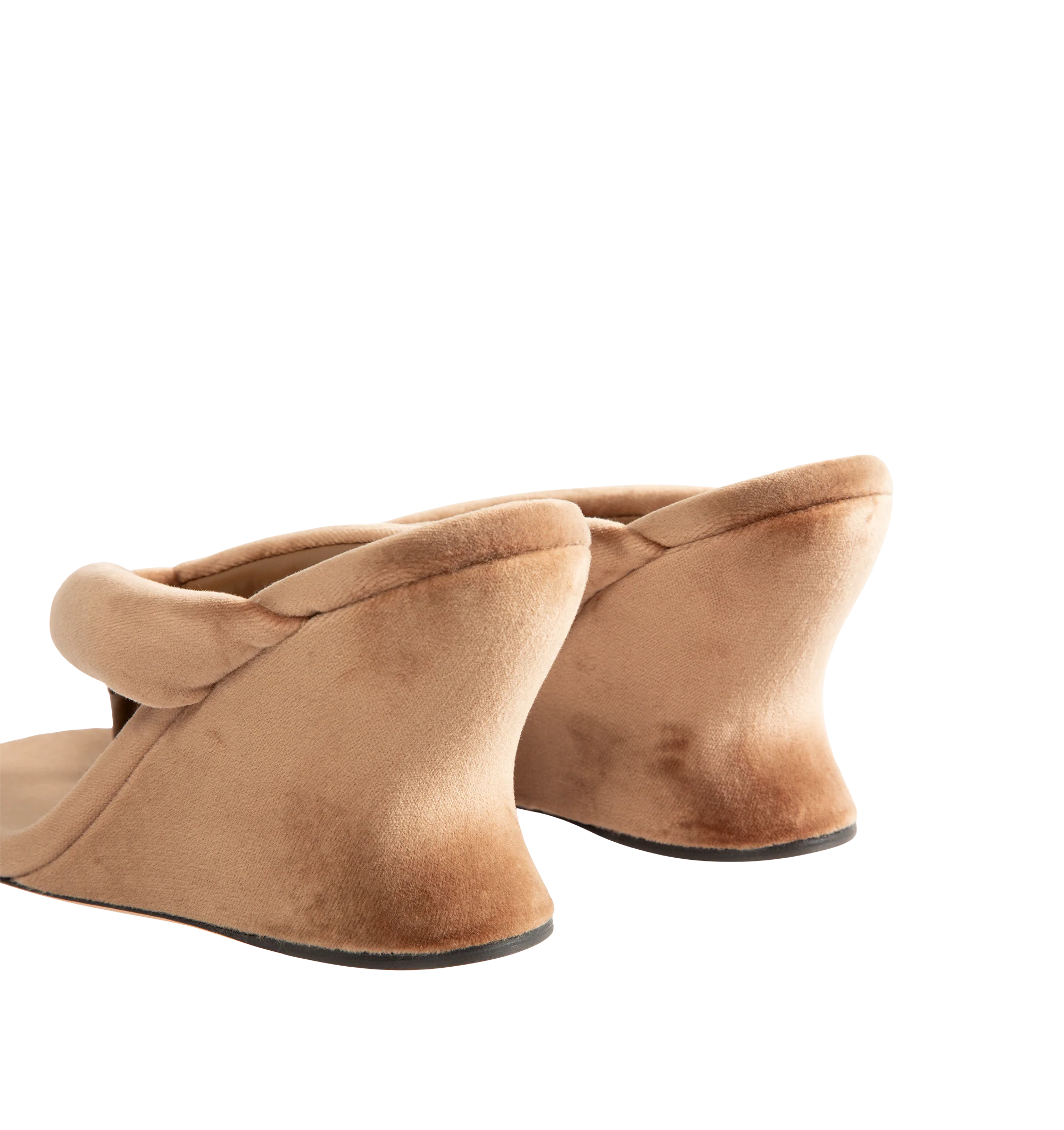 Image 3 of 4 - BROWN - Balenciaga Womens Gaeta Wedge Thong Sandals are crafted from a plush stretch velvet material. Feature a round toe, padded thong strap, slip-on design, 90mm arch wedge heel, and leather sole. Upper: cotton, viscose, elastane, Sole: calfskin, Insole: cotton, viscose, elastane. Made in Italy.