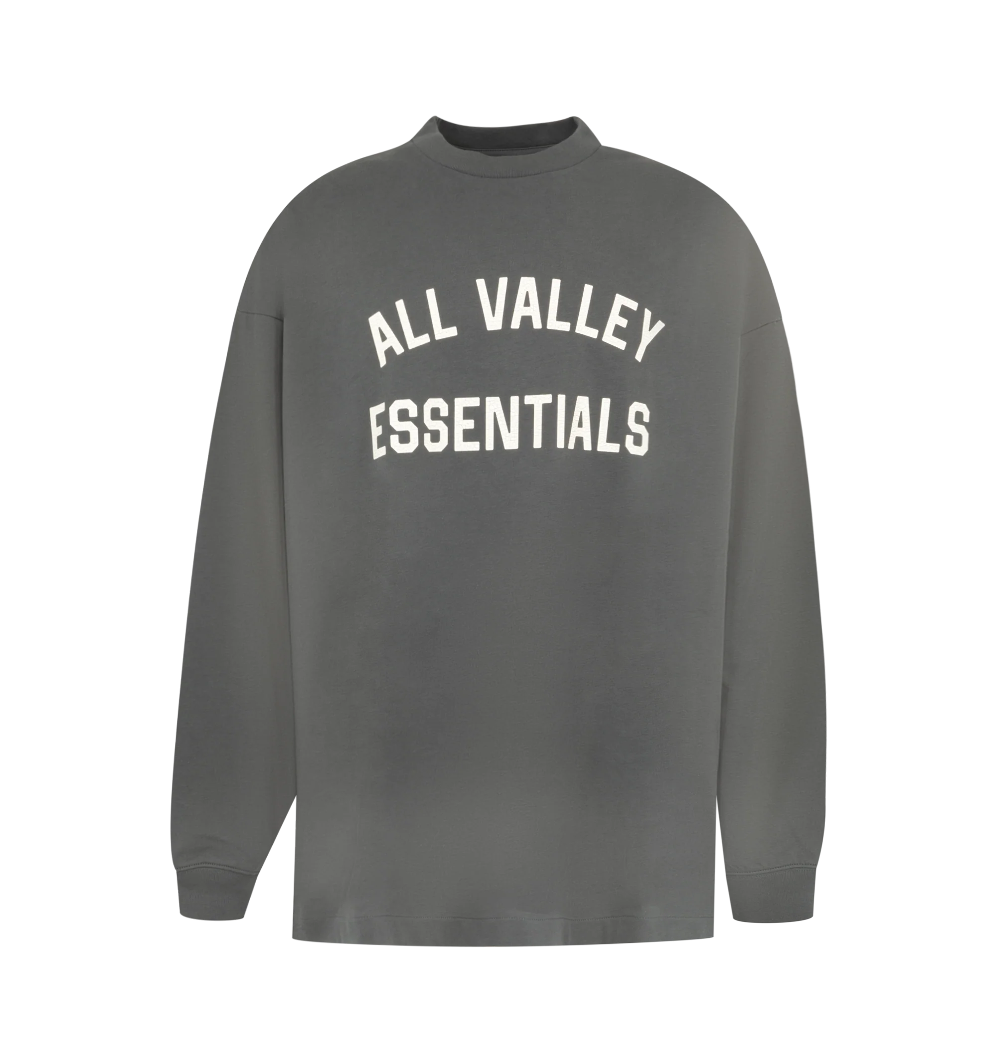 Image 1 of 2 - GREY - Fear of God Essentials Mens Merch Long Sleeve Tee is crafted from 300 GSM cotton jersey. Features a boxy relaxed fit, ribbed crew neckline, dropped shoulders, ribbed cuffs, crackle-printed All Valley Essentials graphic at the front, number "8" graphic at the back, and an Essentials signature label at the back collar. Main Material: 100% Cotton.