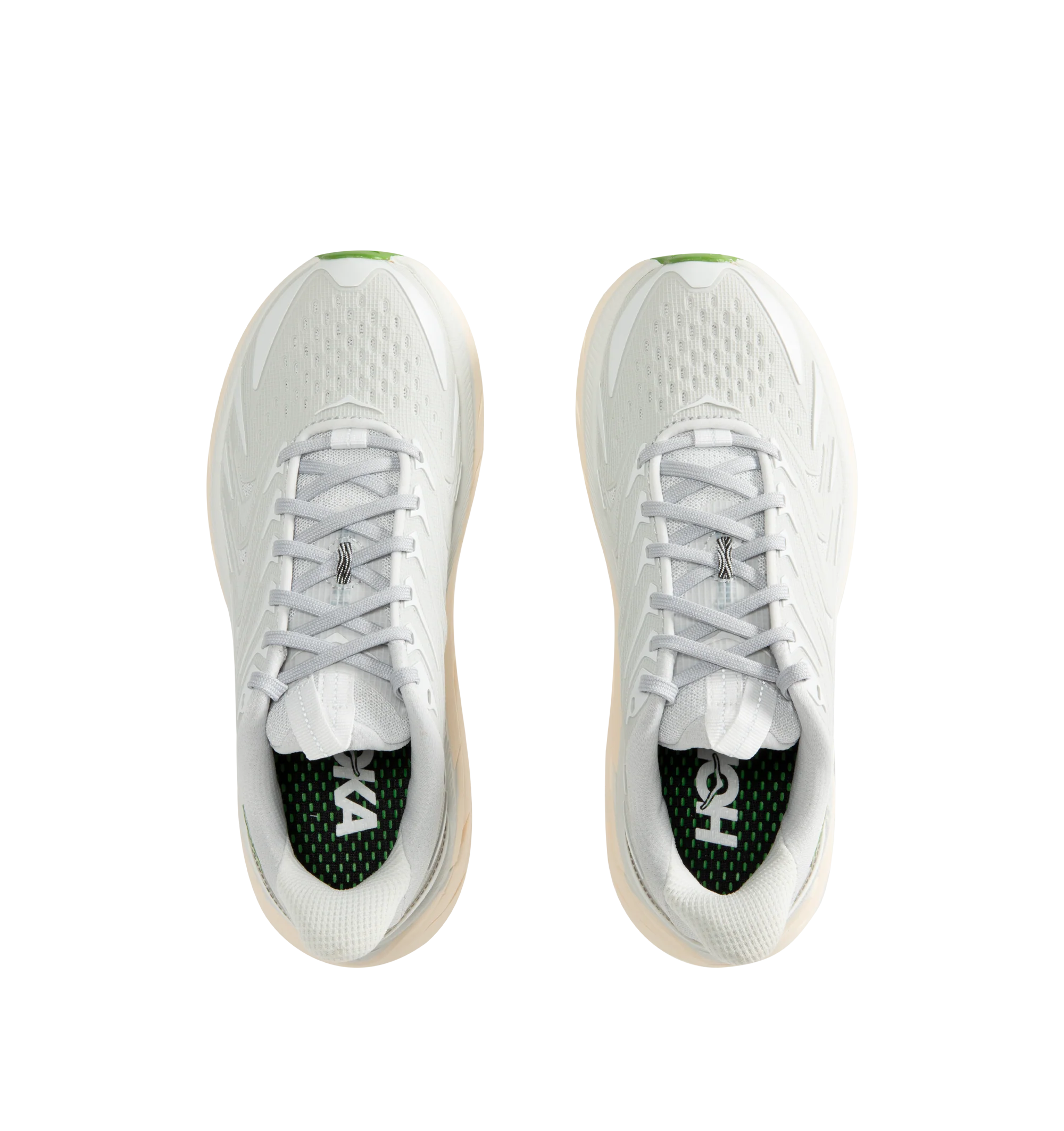 Image 5 of 5 - WHITE - Hoka Unisex Clifton UTL Sneakers feature a breathable mesh upper in Cosmic Grey and Cilantro with raised, textured polyurethane-molded detailing. Reflective laces and webbing accents complete the protective design, while a plush CMEVA midsole and Durabrasion rubber outsole provide cushioned support and durability. Upper: Mesh and Polyurethane. Midsole: CMEVA. Sole: Rubber. *Unisex style in men's sizing.