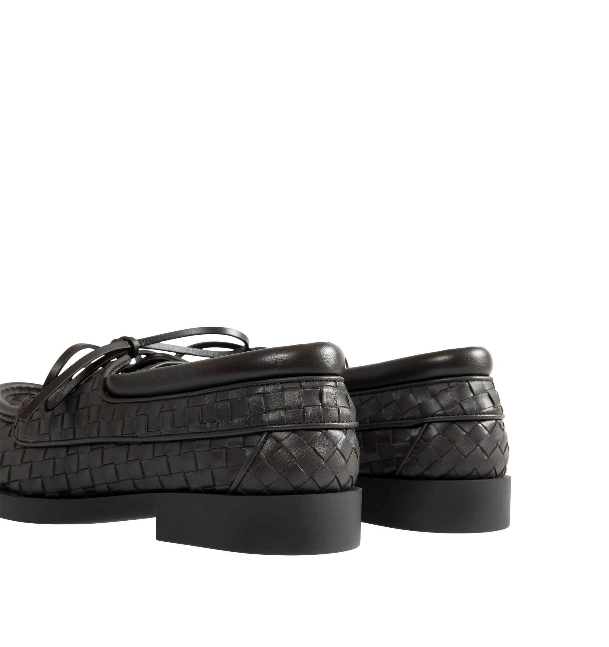 Image 3 of 4 - BROWN - Bottega Veneta Mens Intrecciato Boat Shoes are crafted from Intrecciato calfskin leather. Feature a lace-up boat shoe silhouette, calfskin lining, rubber outsole, and flat heel. Main Material: Calfskin Leather; Lining: Calfskin Leather; Sole: Rubber. Made in Italy.