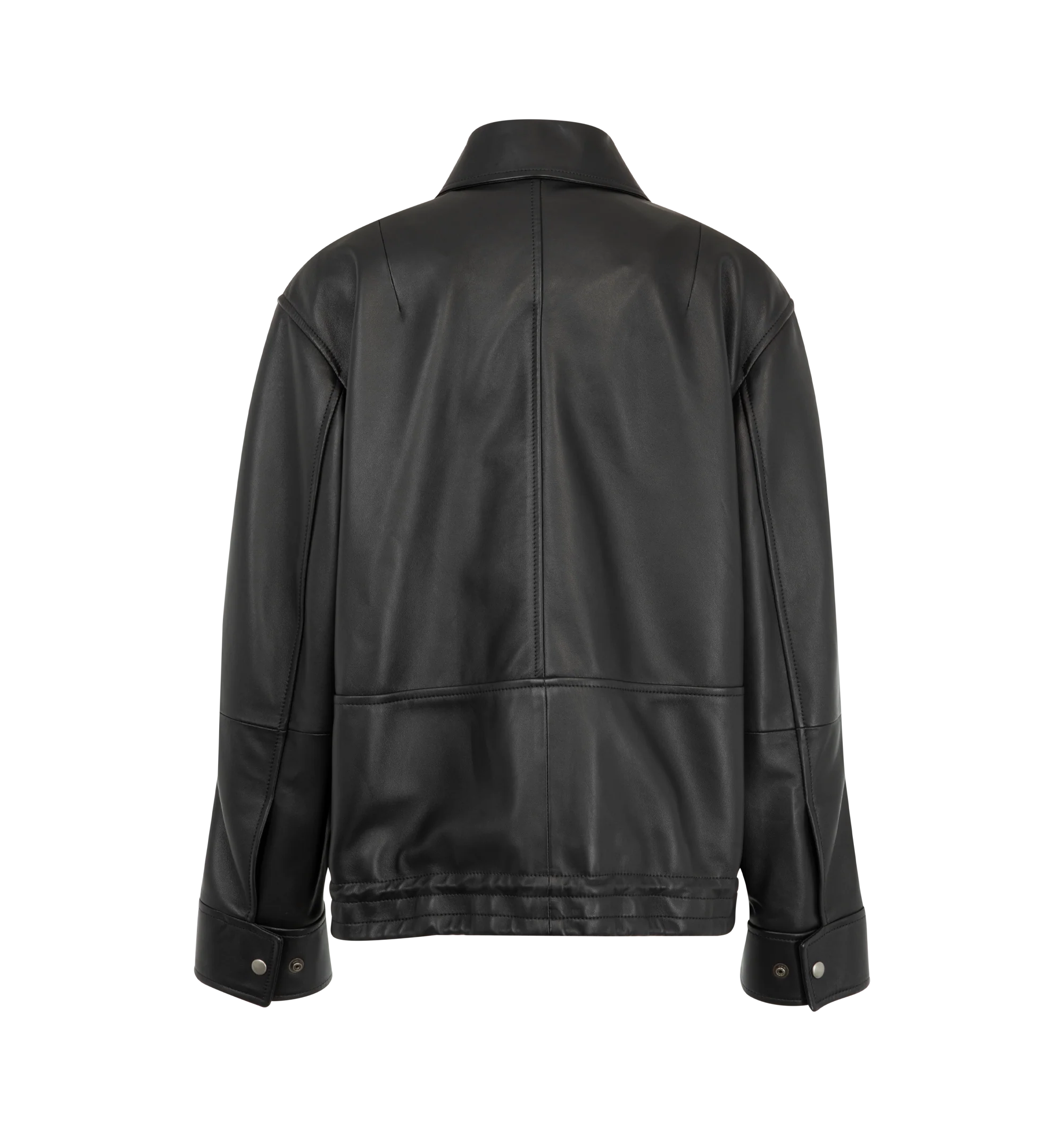 Image 3 of 4 - BLACK - Loewe Women's Drawstring Leather Jacket is crafted from lightweight nappa lambskin and features an adjustable drawstring hem. Designed with a relaxed fit and regular length, it is finished with a classic collar, concealed snap-button and zip-front fastening, snap-button cuffs, buttoned welt pockets, inside welt pockets, and a debossed Double L detail at the chest. Main Material: Nappa lambskin. Fully lined. Made in Spain. 