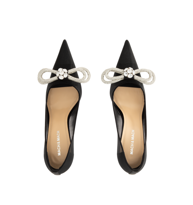 Image 4 of 4 - BLACK - MACH MACH Double Bow Mesh Pumps featuring a high stiletto heel, crystal double bow detailing, pointed toe and mesh upper. The heel height measures 85mm. Made in Italy.