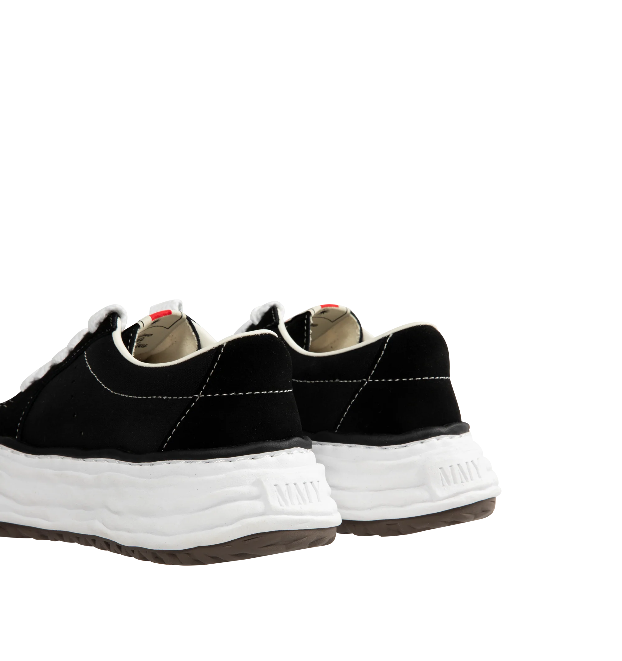 Image 3 of 5 - BLACK - Maison Mihara Yasuhiro Men's Eric Sneakers feature the brand's signature hand-sculpted OG sole, a mixed-material suede and canvas upper, and distinctive toe stitching for a bold contemporary look. Designed for the Spring/Summer 2026 collection, these designer low-top sneakers combine Maison Mihara Yasuhiro's experimental aesthetic with everyday comfort, while the handcrafted-inspired sole and intentional vintage detailing create a truly distinctive silhouette. Main Material: Cow Leath 