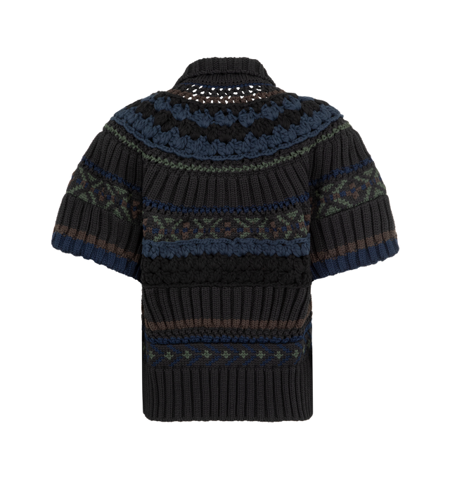 Image 2 of 2 - BLACK - SACAI Mix Knit Pullover featuring richly textured patterning, sculptural puff short sleeves, button front placket, polo collar, ribbed hem and cuffs and regular fit. 70% polyester, 26% cotton, 4% acrylic. Lining: 100% polyester. 