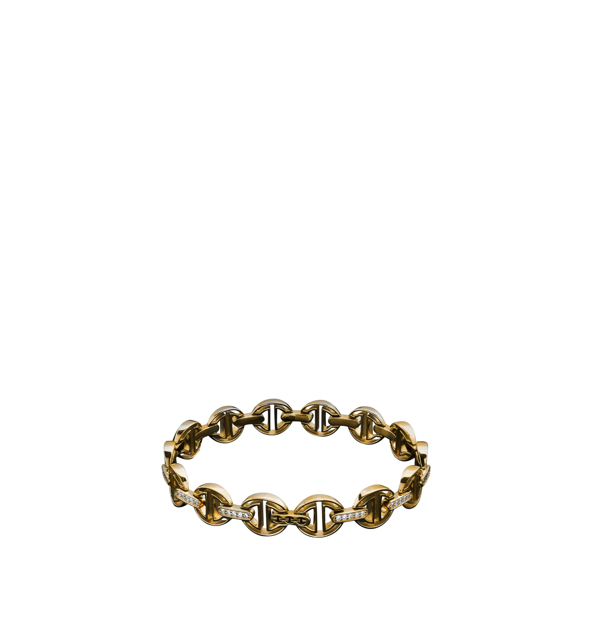 Image 1 of 1 - GOLD - Hoorsenbuhs MMV Small Hinged Bracelet is crafted from 18K yellow gold and features the brands iconic tri-link motif with white diamond bridges, an ultra-slim profile, and a deco-inspired face design. Length: 7.25". For personal consultation and detailed information about jewelry, please contact our dedicated stylist team at personalshopping@hirshleifers.com.This item may be restricted for online purchase to international clients. For assistance purchasing this item please contact our