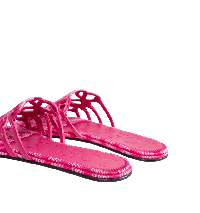 Image 3 of 4 - PINK - LOEWE PAULA'S IBIZA Petal Anagram slide in all-over embroidered cotton canvas blending mixed shades of color threads, featuring a cut-out Anagram upper with hand-stitched seams, petal toe shape, 5mm heel, embossed LOEWE on the insole, padded insole with partial leather covering and rubber-injected island on the outsole. Embroidered canvas. Made in Italy.