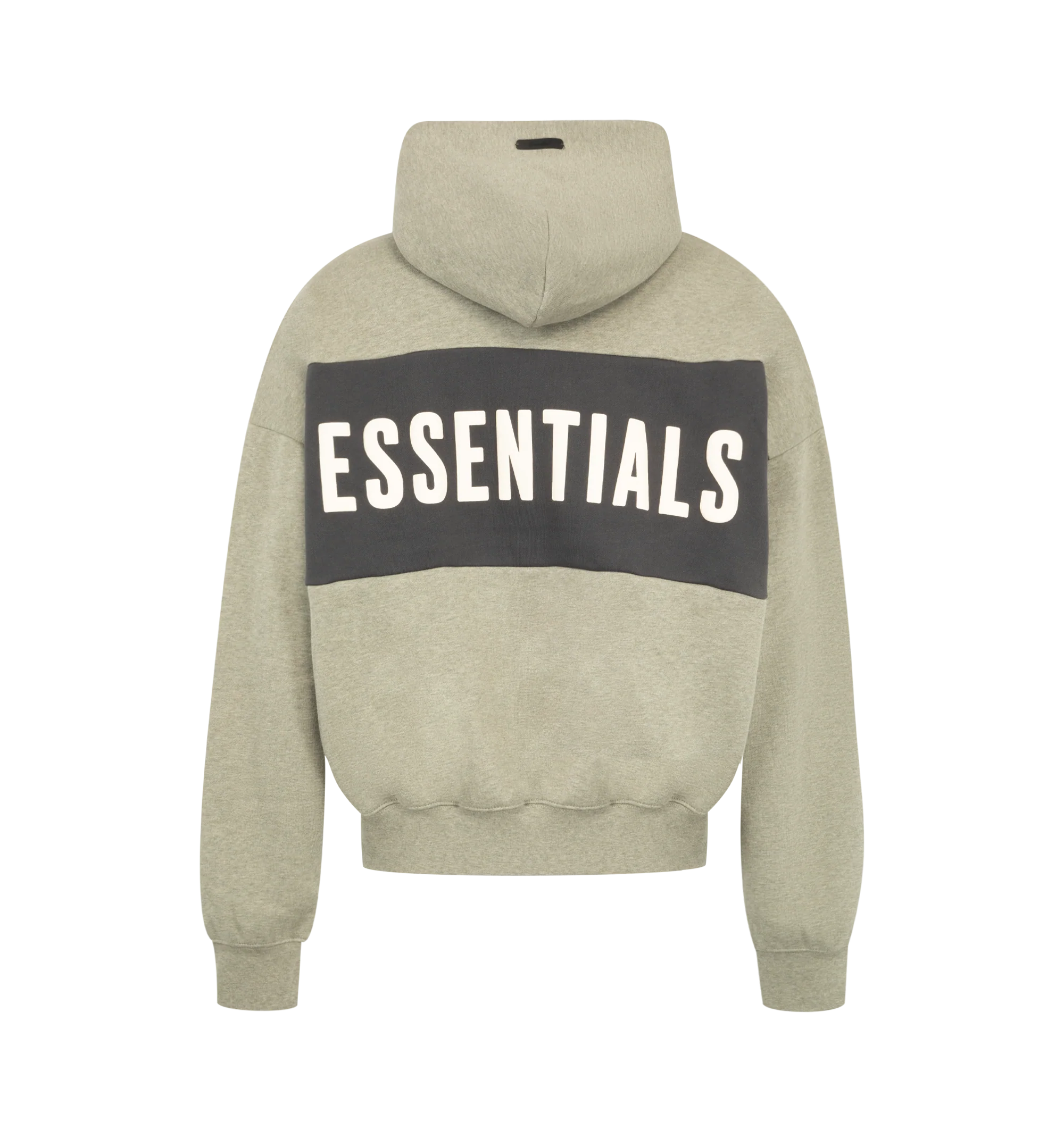 Image 2 of 3 - GREY - Fear of God Essentials Mens Cropped Relaxed Paneled Hoodie is crafted from heavyweight 380 GSM cotton-blend core fleece. Features a relaxed cropped fit, paneled construction, hood, side pockets, ribbed cuffs and hem, puff-printed Fear of God graphic at the front, puff-printed Essentials graphic at the back, and an Essentials signature label on the hood. Main Material: 80% Cotton, 20% Polyester. 