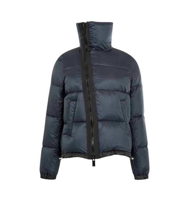 Image 1 of 3 - NAVY - SACAI Short Puffer Jacket featuring quilted nylon, stand collar, zip front closure, welt pockets and drawstring waist and hem. Nylon; polyester combo. Fill, down/feather.