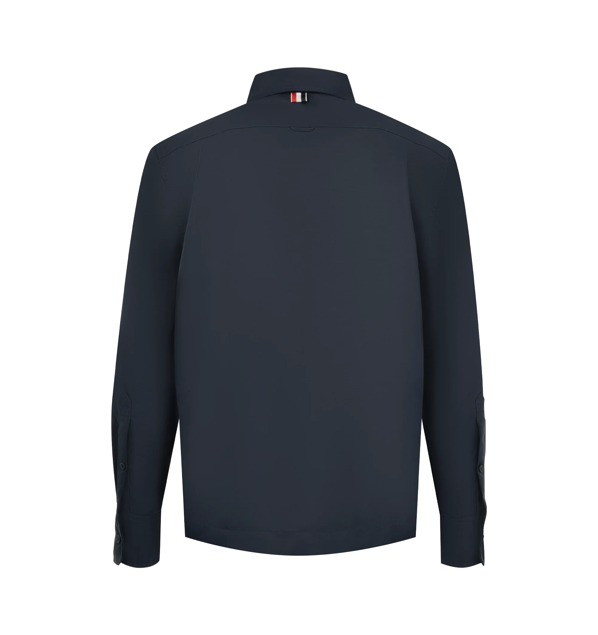 Image 2 of 3 - BLUE - Thom Browne Mens Tech Twill Shirt is crafted from lightweight technical twill. Features a button-front closure with signature RWB detailing, club collar with buttoned tab closure, buttoned flap chest pockets, buttoned cuffs, reinforced pleated back yoke with locker loop, buttoned side vents with internal RWB grosgrain trim, stepped hem, name tag appliqu, and signature striped grosgrain loop tab. Main Material: 100% Polyamide. Made in Italy. 
