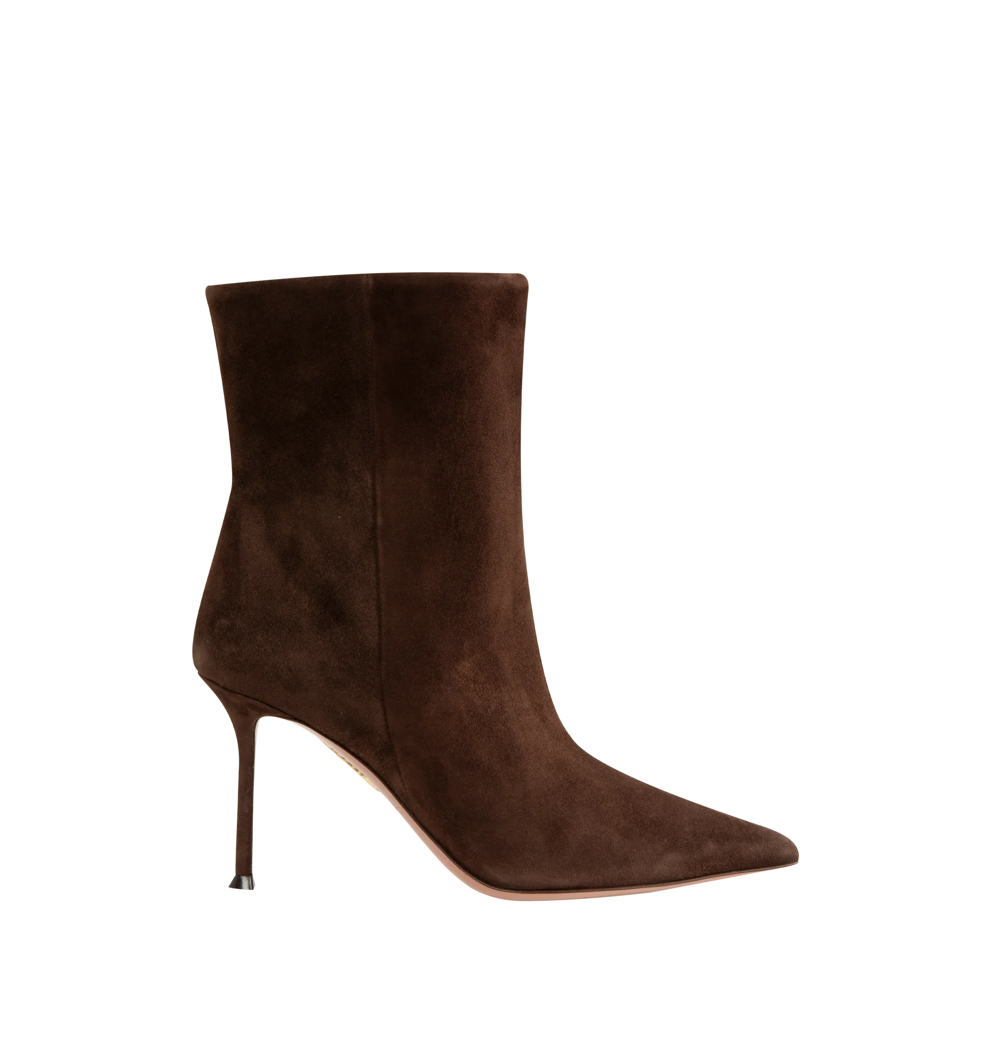 Image 1 of 4 - BROWN - Aquazzura Women's Harper Bootie 85 is crafted from smooth suede and features a sleek ankle-high silhouette with a pointed toe for an elegant, elongated profile. Designed in an easy pull-on style, these designer booties are set on an 85mm heel and finished with a soft leather lining and durable calf leather sole. Upper: Suede. Lining: Leather. Sole: Calf Leather. Heel Height: 85 mm / 3.3 in. Closure: Pull-On. Toe: Pointed. Made in Italy.
