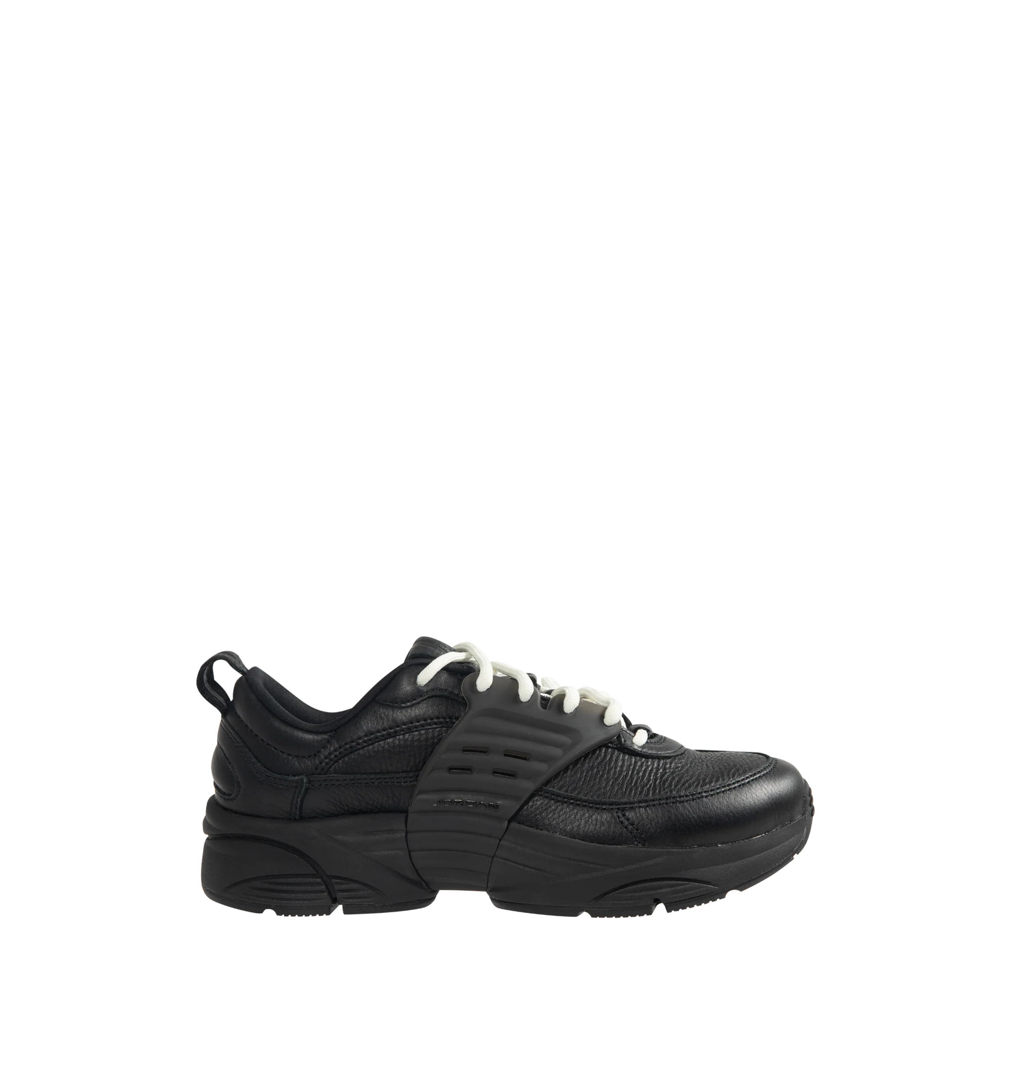 Image 1 of 5 - BLACK - Men's Jordan Trunner O/S SP Sneakers feature a leather upper with synthetic overlays, molded midfoot support wings, and signature Jordan branding for a modern athletic look. These lifestyle sneakers combine responsive Cushlon 3.0 foam cushioning, a lightweight foam midsole, and a durable rubber outsole for exceptional comfort, stability, and everyday traction. Main Material: Leather and Synthetic. Midsole: Foam with Cushlon 3.0 Cushioning. Sole: Rubber.
