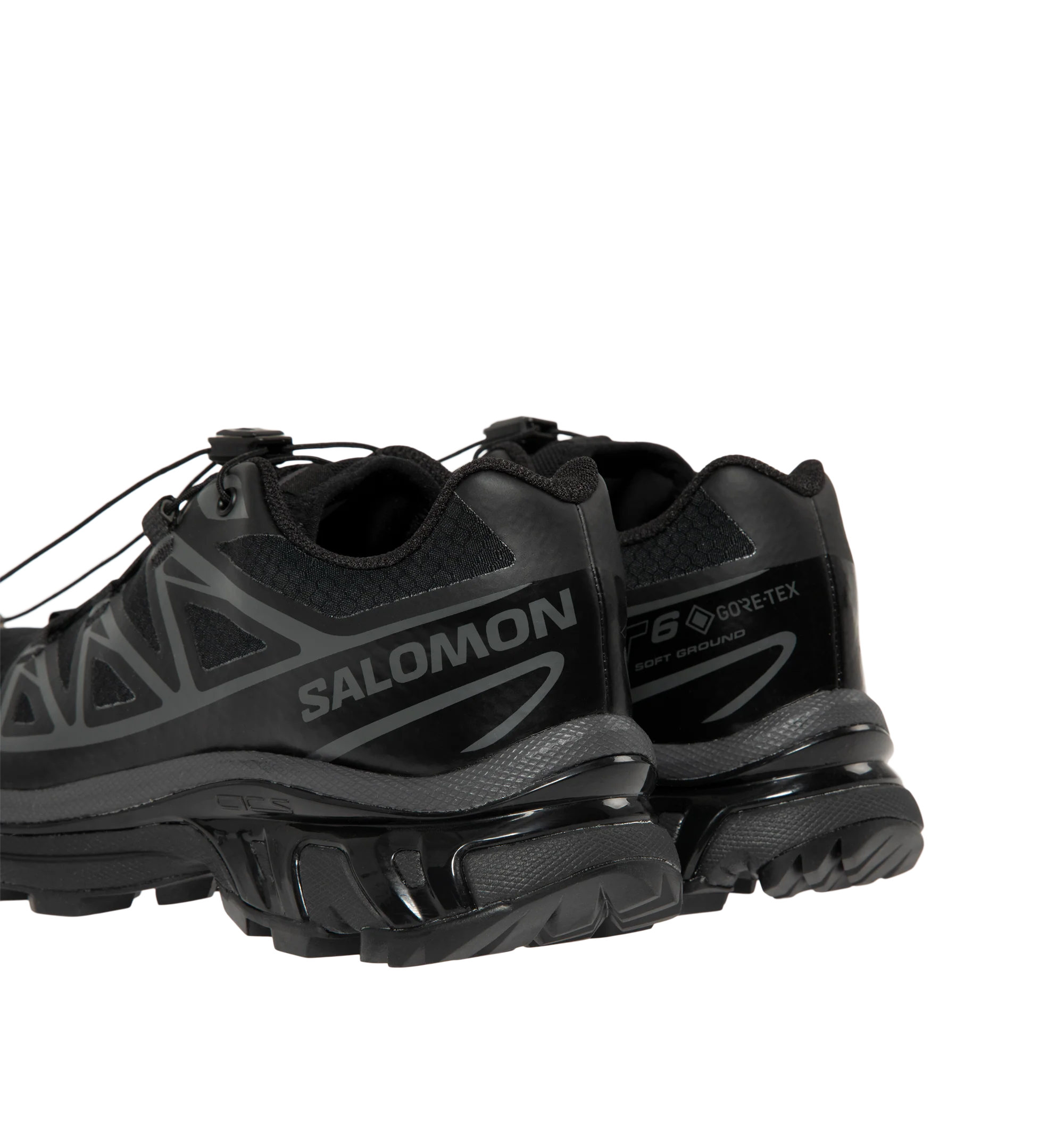 Image 3 of 5 - BLACK - Salomon Men's XT-6 GORE-TEX Sneakers are crafted with a lightweight textile upper and feature waterproof GORE-TEX protection, the brand's Agile Chassis System, and Quicklace technology for a secure, precise fit. Originally developed for ultra-distance trail running, these designer sneakers combine superior cushioning, stability, and all-terrain grip with Salomon's signature technical aesthetic, making them ideal for both outdoor performance and everyday wear. Main Material: Textile an