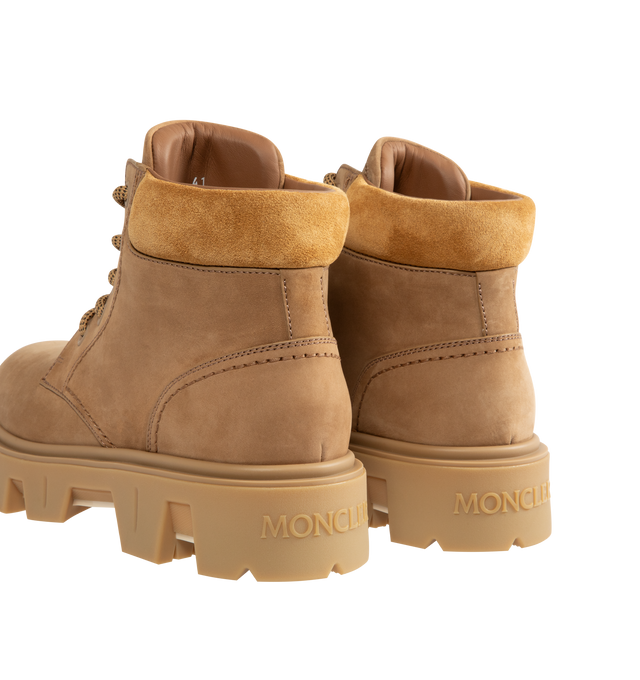 Image 3 of 4 - NEUTRAL - Moncler Mens Peak City Lace-Up Boots feature a nubuck and suede upper. Designed with a lace-up closure, leather welt, leather and mesh lining, cushioned back collar, rubberized TPU outsole, 13.5 cm shaft height, and 4 cm sole. Upper: Cow Leather; Lining: Cow Leather and 100% Polyamide/Nylon; Sole: 100% Elastodiene. Made in Italy. 