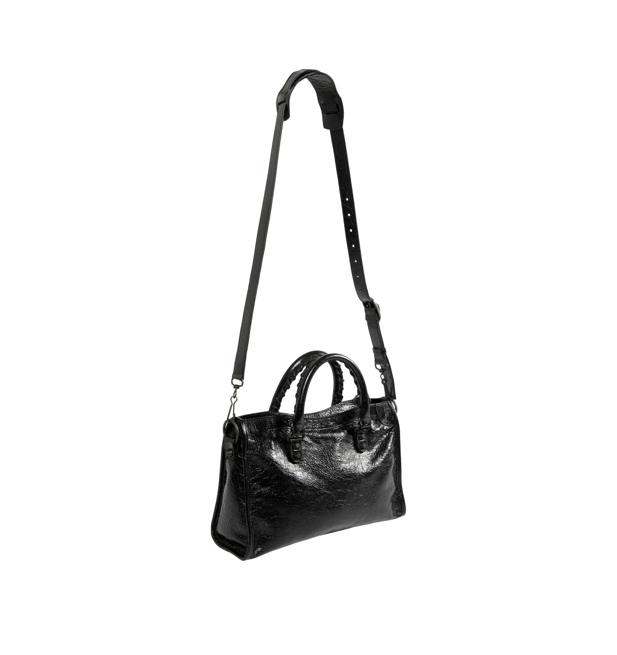 Image 2 of 3 - BLACK - Balenciaga Women's Le City Small Bag is crafted from supple leather and features the house's iconic slouchy silhouette with rolled top handles, signature buckle detailing, and an adjustable, detachable shoulder strap for versatile styling. Designed with a spacious zip-top main compartment, this designer handbag blends Balenciaga's archival motorcycle-inspired aesthetic with everyday functionality. Main Material: Leather. Dimensions: 30 x 19 x 10 cm. Made in Italy. 