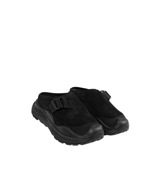 Image 2 of 5 - BLACK - HOKA Ora Primo EXT Shoe featuring a suede upper, G-hook closure that cinches down reflective webbing, scratch rubber toe and heel details, metal hardware, neoprene collar lining and dual-layer EVA midsole. 