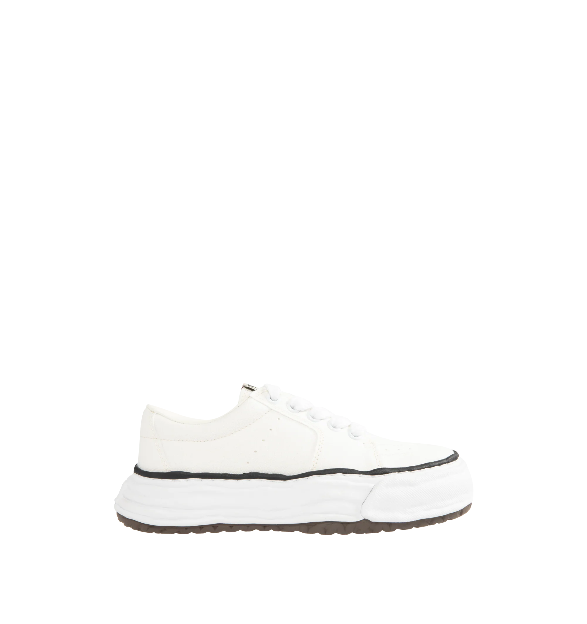Image 1 of 5 - WHITE - Maison Mihara Yasuhiro Men's Eric Sneakers feature the brand's signature hand-sculpted OG sole, a mixed-material suede and canvas upper, and distinctive toe stitching for a bold contemporary look. Designed for the Spring/Summer 2026 collection, these designer low-top sneakers combine Maison Mihara Yasuhiro's experimental aesthetic with everyday comfort, while the handcrafted-inspired sole and intentional vintage detailing create a truly distinctive silhouette. Main Material: Cow Leath